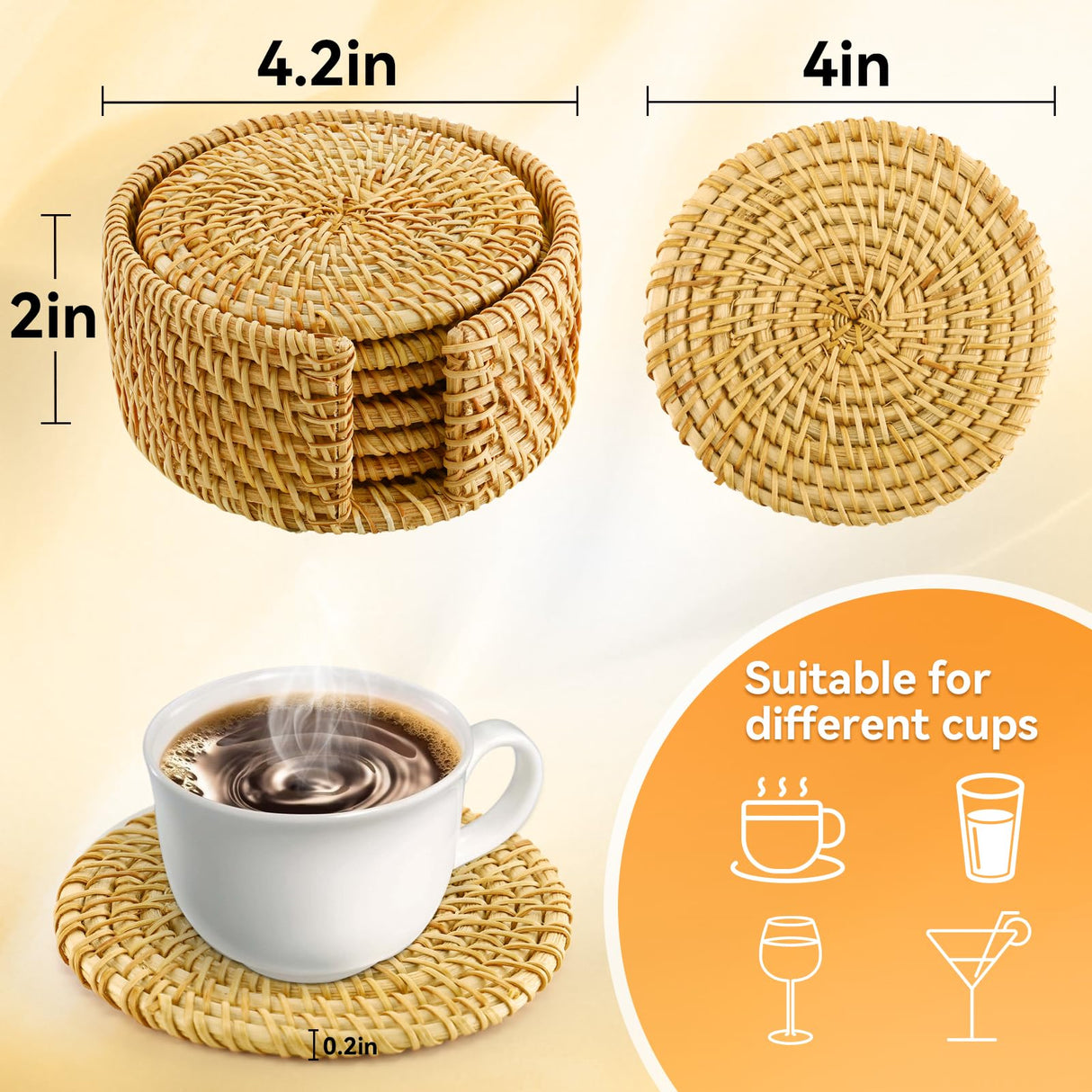 6pcs Handmade Rattan Coasters with Holder, Natural Wicker Boho Coasters Set, Heat-resistant Drink Coasters for Coffee Table Housewarming Gifts Hot Drinking Home Decor Protecting Table ANPHSIN