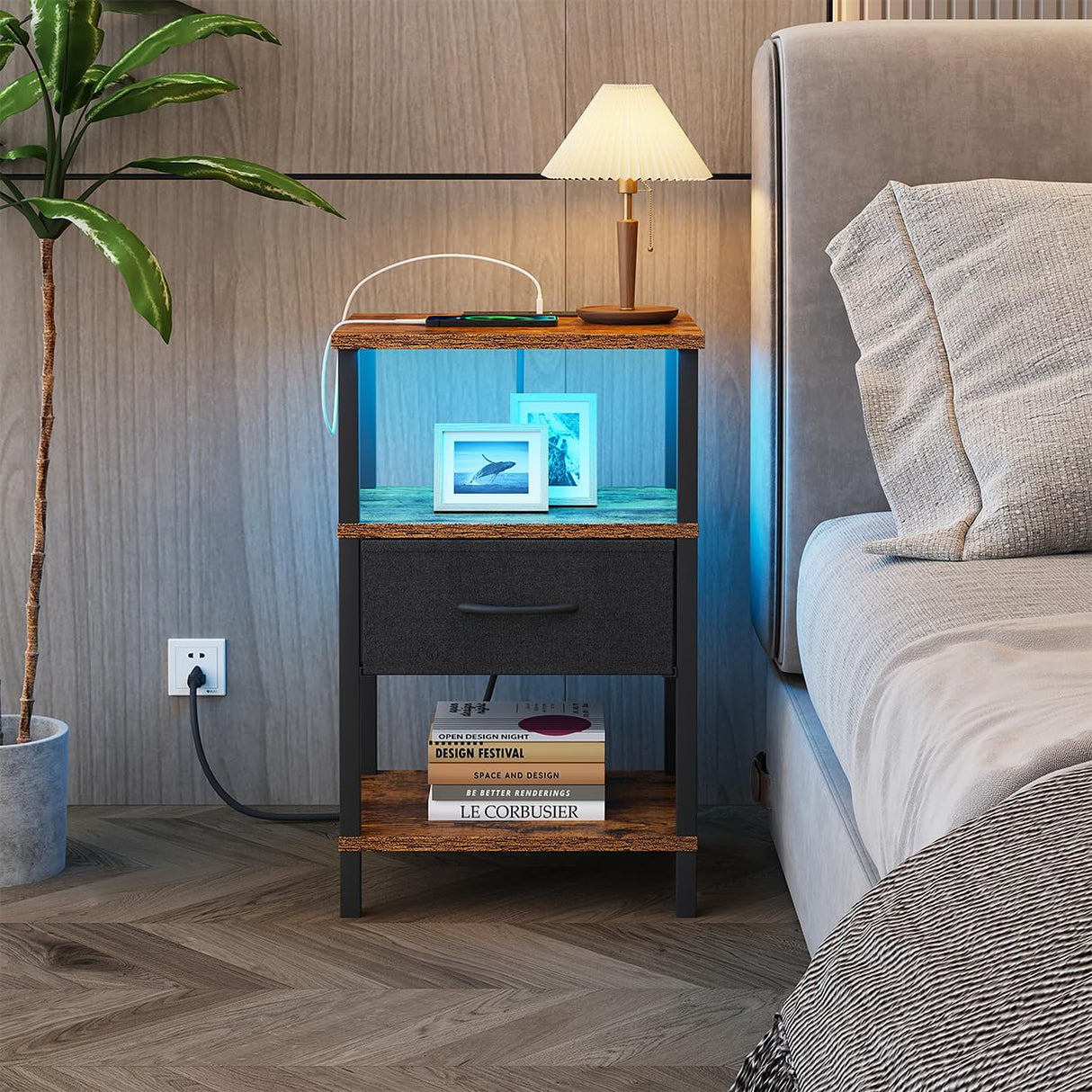 VIMBER Nightstand Set of 2, Adjustable LED Side Table with Charging Station and Fabric Drawer,Beside Table with Open Compartment for Living Room, Easy Assemble, 3 Tier End Table for Bedroom, Brown VIMBER