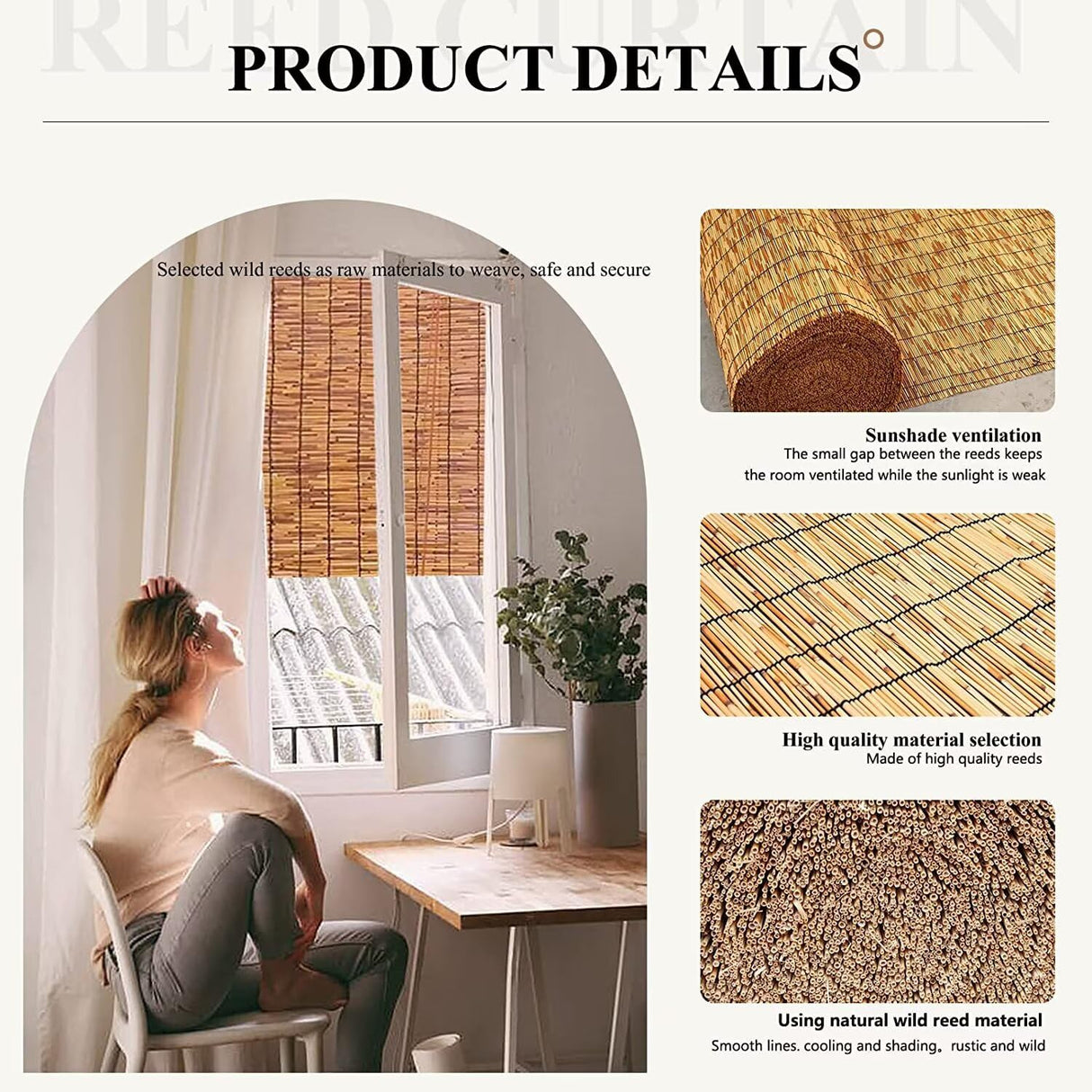 BAYUE Bamboo Reed Roller Blinds, Patio & Porch Blackout, UV Protection, Eco-Friendly, Heat Insulation, Semi-Sheer, Brown, 34"W x 48"H, Manual Lift, Outside Mount, Top Control, Rectangular, 1 Pack BAYUE