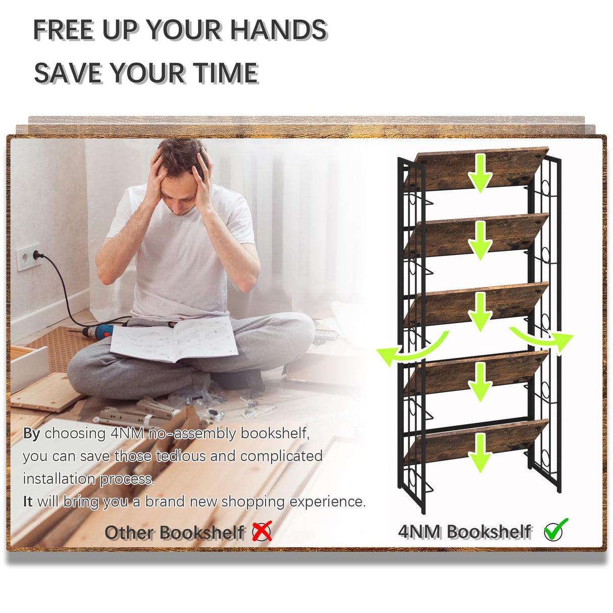 Folding 5-Tier Vintage Bookshelf by 4NM - Rustic Brown and Black Storage Solution 4NM