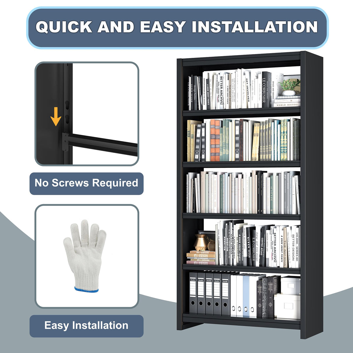 LyAosdFu Bookshelf, 5 Shelf Bookcases, Tall Bookcase for Heavy Books, CDs, Movies, Garage Kit, Modern Display Shelf for Library Home Office Bderoom Living Room, Metal Bookshelves Industrial Black LyAosdFu