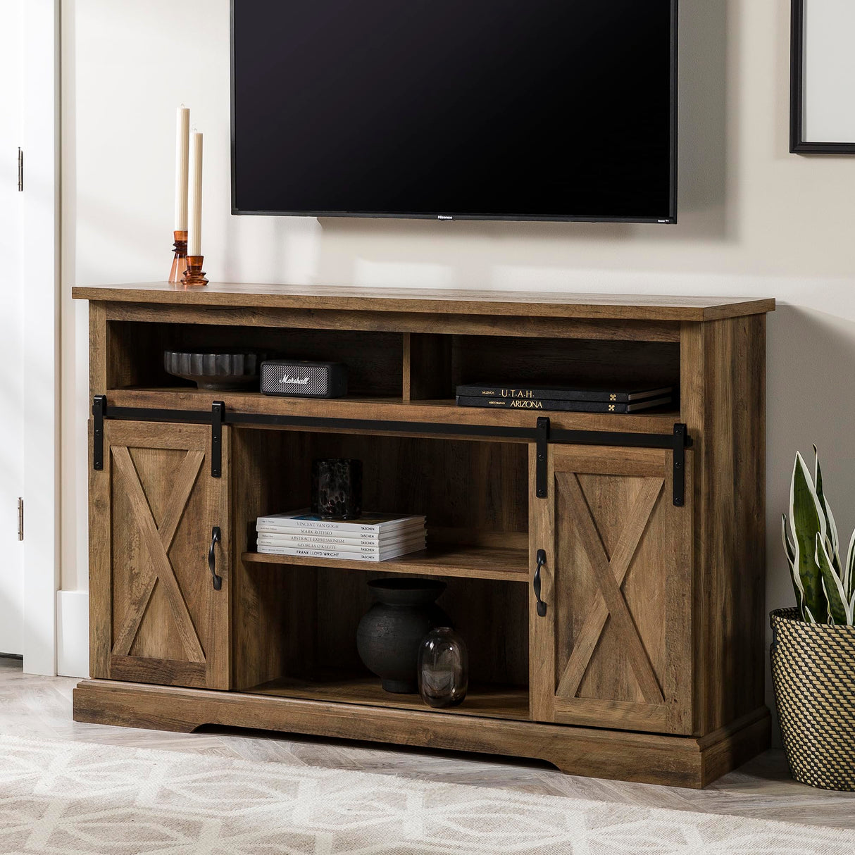 Walker Edison Clayton Farmhouse Sliding Double Barn Door TV Stand for TVs up to 58 Inches, 52 Inch, Rustic Oak Walker Edison