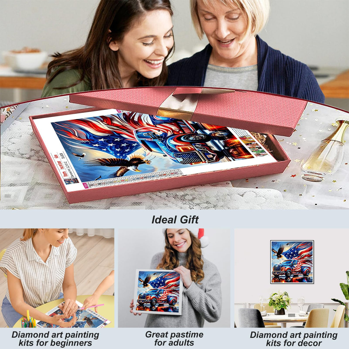 SJUTOUCI American Flag Truck Diamond Art Kits for Adults, Diamond Painting Kits for Beginners, DIY Full Drill Painting with Gem Craft Art for Home Wall Decor 12x12 inch SJUTOUCI