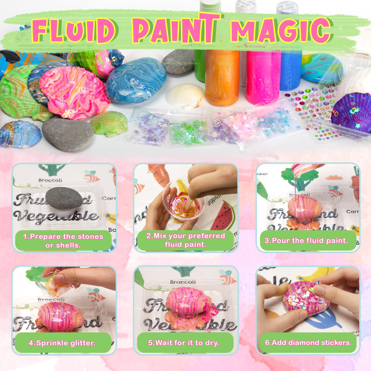 Kiditos Rockin' Rock & Shell Painting- Treasure Painting Kit,Arts and Crafts for Kids 4-12, Kids Painting Set, DIY Arts & Crafts Toys for Boys Girls Birthday Party Activities Gifts Kiditos