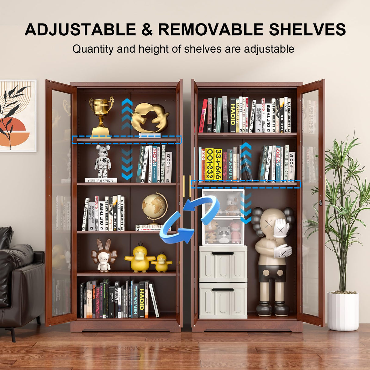 Glass Display Cabinet, Display Case with Glass Doors and Shelves, Metal Curio Cabinets with Locking, 71" Tall Bookcase with Glass Doors for Home, School, Clinic (Wood Color)- Assemble Required Polup