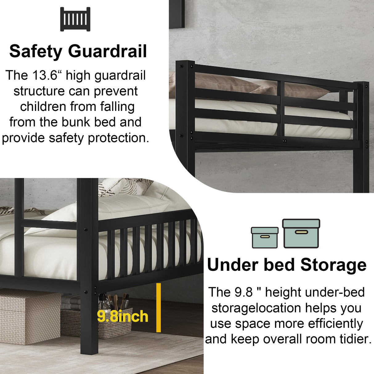 Luckiofvonne Queen Over Queen Bunk Bed for Adults, Heavy-Duty Metal Bunk Bed Frame with Ladder, High Guardrail and Slats Support, No Box Spring Needed, Black Luckiofvonne