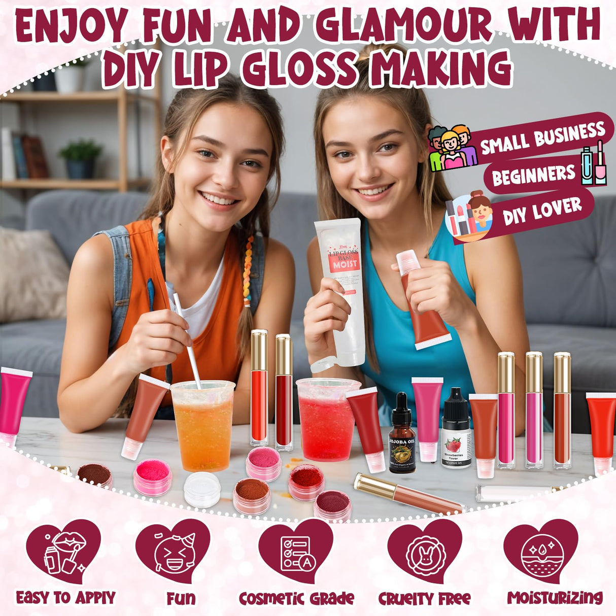 JCOOS Diy Lip Gloss Kit, Lip Gloss Making Kit, LipGloss Making Kit Make Your Own Lip Gloss Making Supplies, Shimmery LipGloss Base, Empty Tubes, Jojoba Oil, Women Teen Girl Gifts Trendy Stuff Jcoos