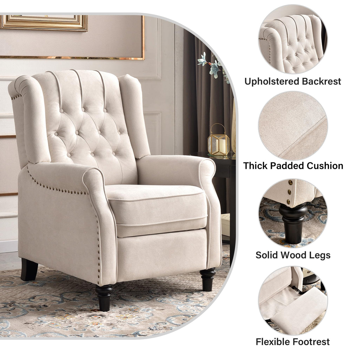 Bonzy Home Push Back Recliner Chair, Mid Century Modern Wingback Chair, Comfy Armchair Fabric Living Room Chairs with Rivet Decoration, Button-Tufted Back, Solid Wood Legs, Beige Bonzy Home