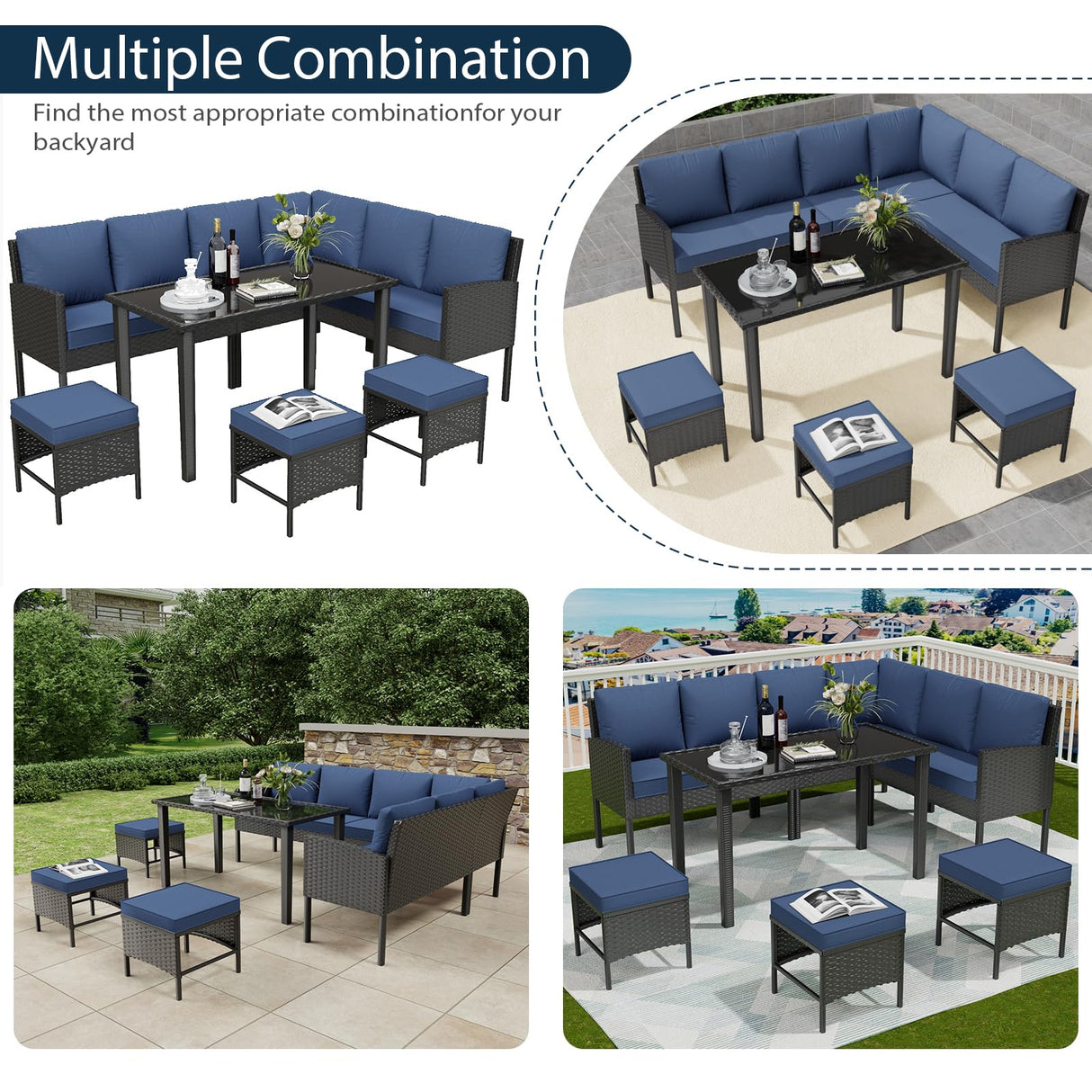 Temminkii 7 Piece Outdoor Dining Set, All-Weather Patio Furniture with Seat & Back Cushions, Conversation Sectional Sofa Set with Long Glass Coffee Table for Garden, Porch, Lawn, Blue Temminkii