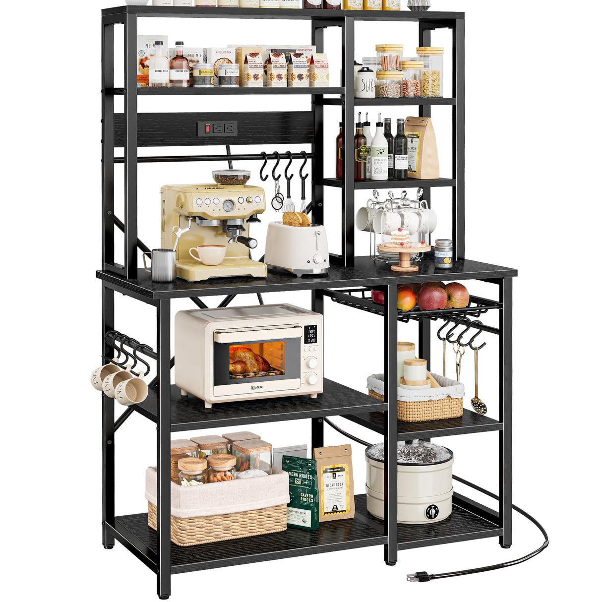 SUPERJARE Large Bakers Rack with Power Outlets, 6-Tier Microwave Stand, Coffee Bar with 12 S-Shaped Hooks, Kitchen Shelf with Wire Basket, 39.3 x 15.5 x 66.9 Inches, Black SUPERJARE