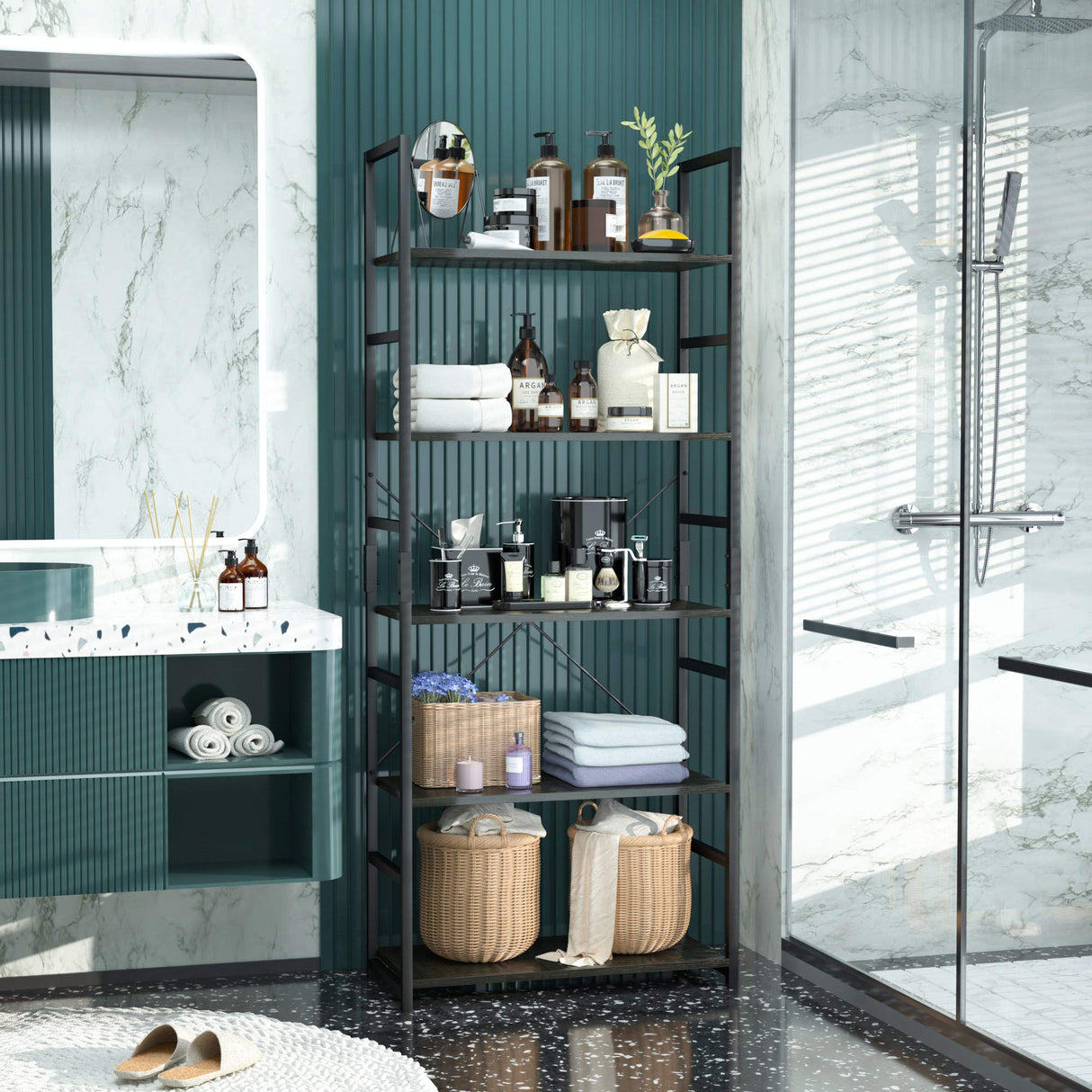 NUMENN 5 Tier Bookshelf, Tall Bookcase Shelf Storage Organizer, Modern Book Shelf for Bedroom, Living Room and Home Office, Black NUMENN