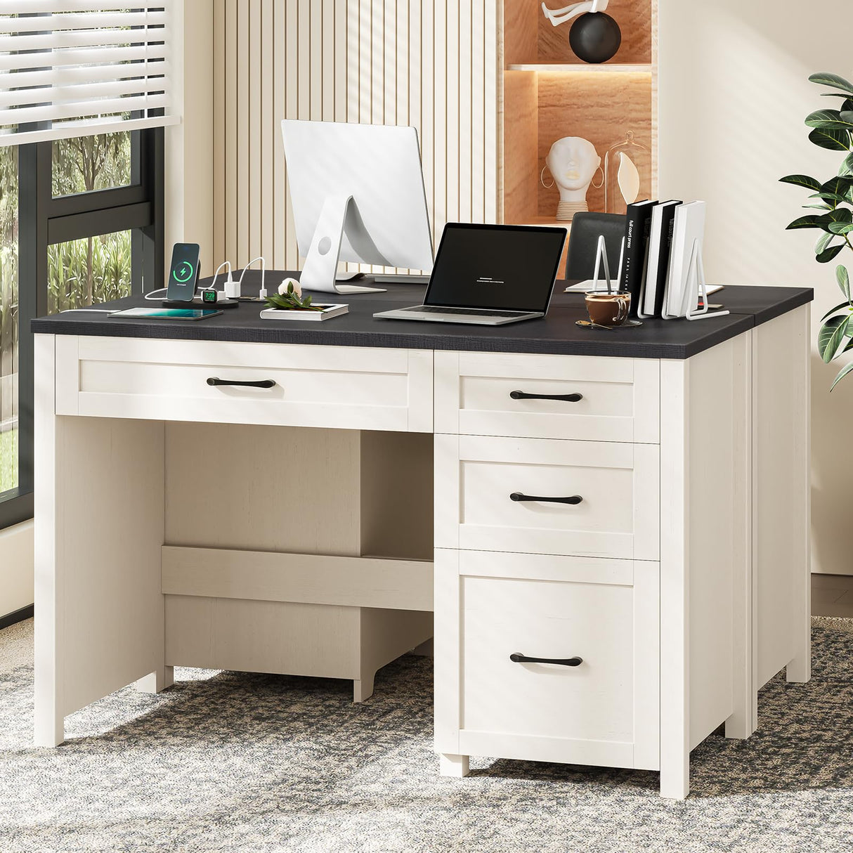 Vabches Farmhouse 47" Executive Desk, Computer Desk with File Drawer and Charging Station, Workstation for Home Office, Study,(Black). Vabches