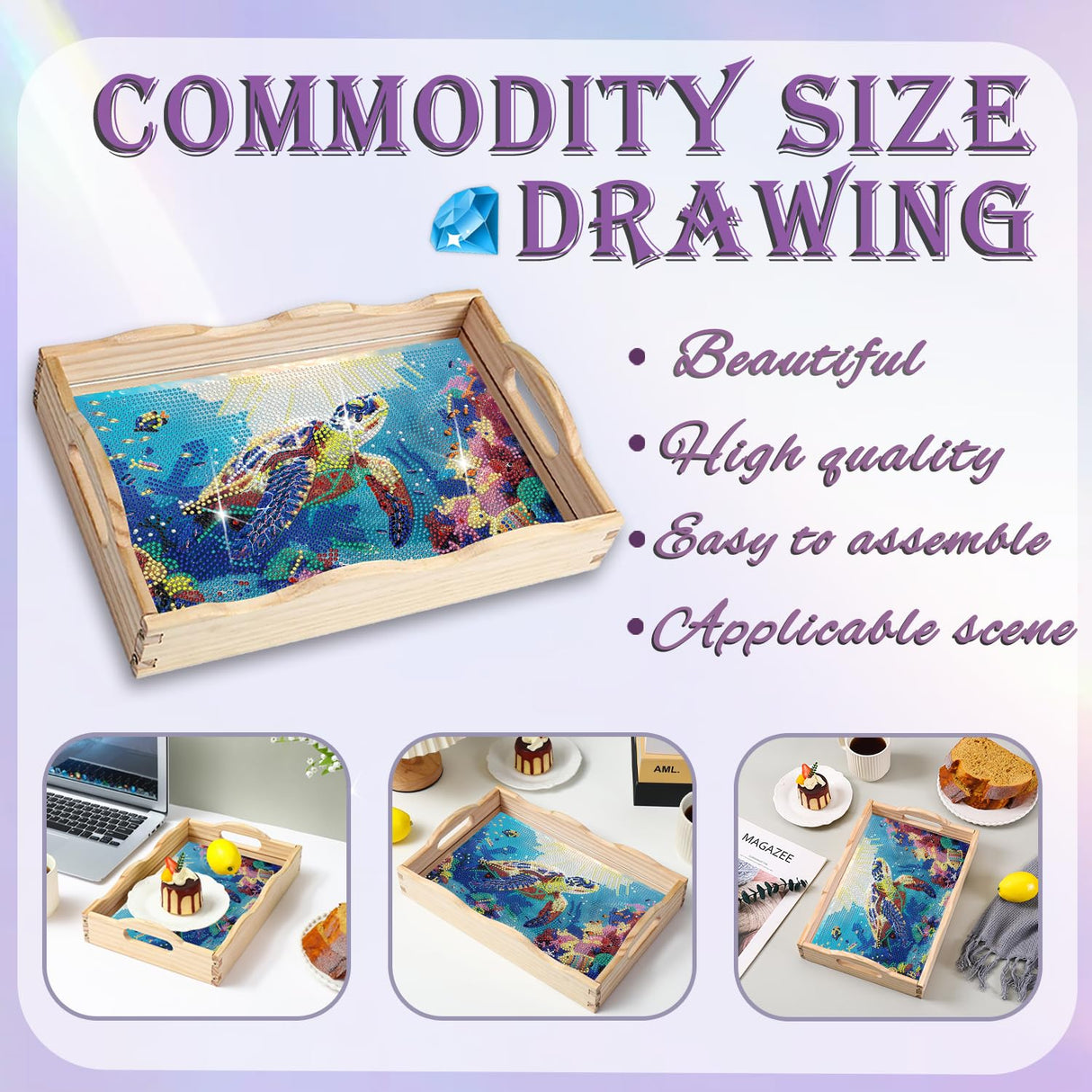 EWJRNSF Diamond Art Kits for Adults Wooden Serving Trays with Handles, 5D Diamond Painting Big Gem Arts and Craft Gifts Trays Decor Gift Home Decor 7.8x11.8 Inches Turtle A EWJRNSF