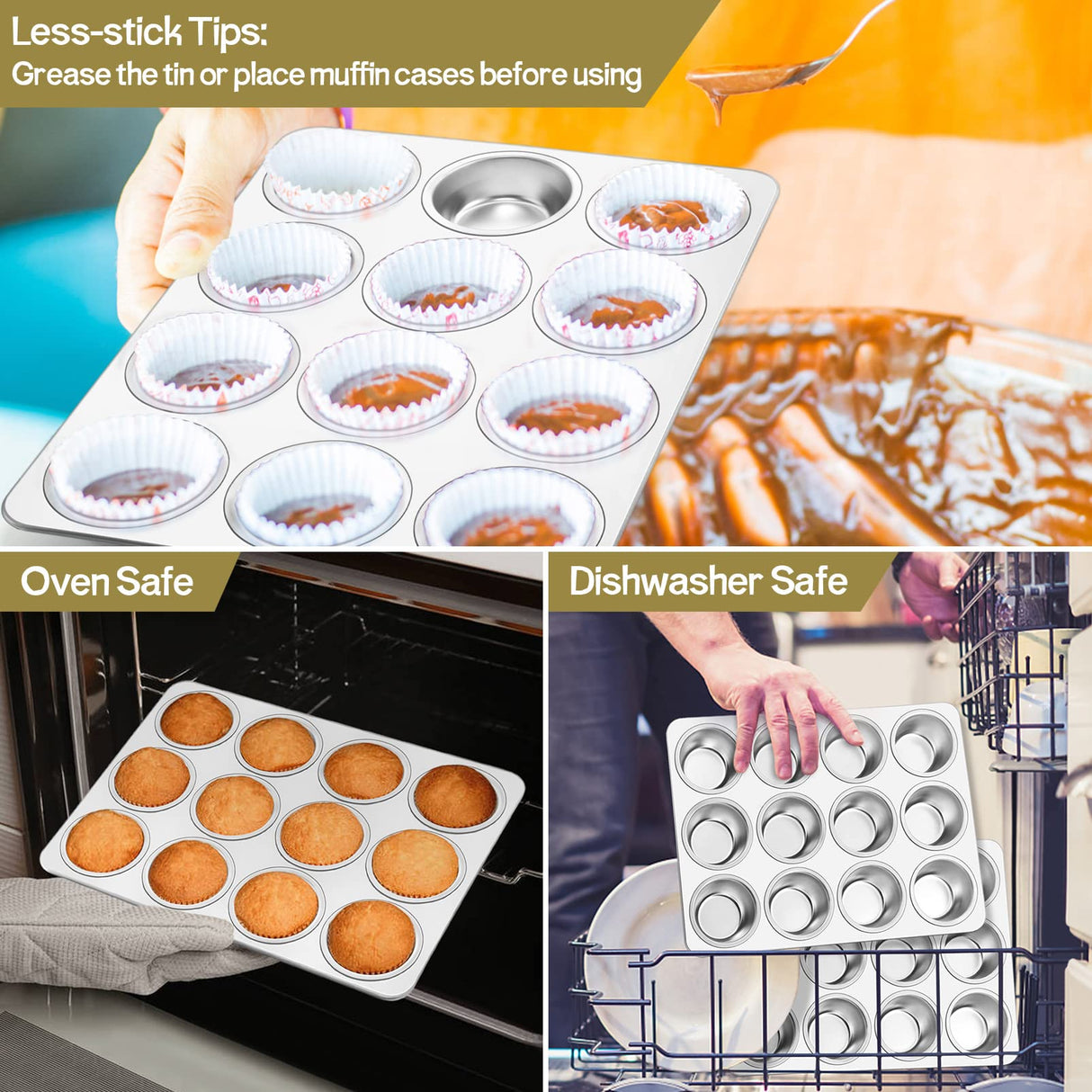 TeamFar 12-Cup Muffin Pan, Stainless Steel Cupcake Pans Muffin Tin Set for Oven Baking Mini Brownies Quiches Tarts, Non Toxic & Regular Size, Dishwasher Safe – Set of 2 TeamFar