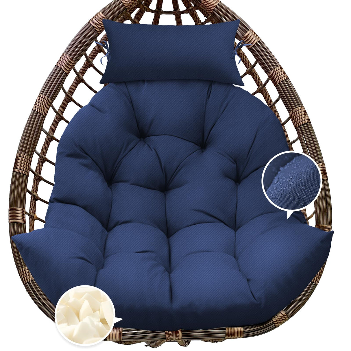 Tycdiose Outdoor Hanging Egg Chair Cushion Replacement, Thicken Egg Chair Cushion Waterproof Basket Eggs Chairs Cushion with Headrest Pillow, U-Shaped Cushions for Hanging Eggs Chairs Swing (Blue) Tycdiose