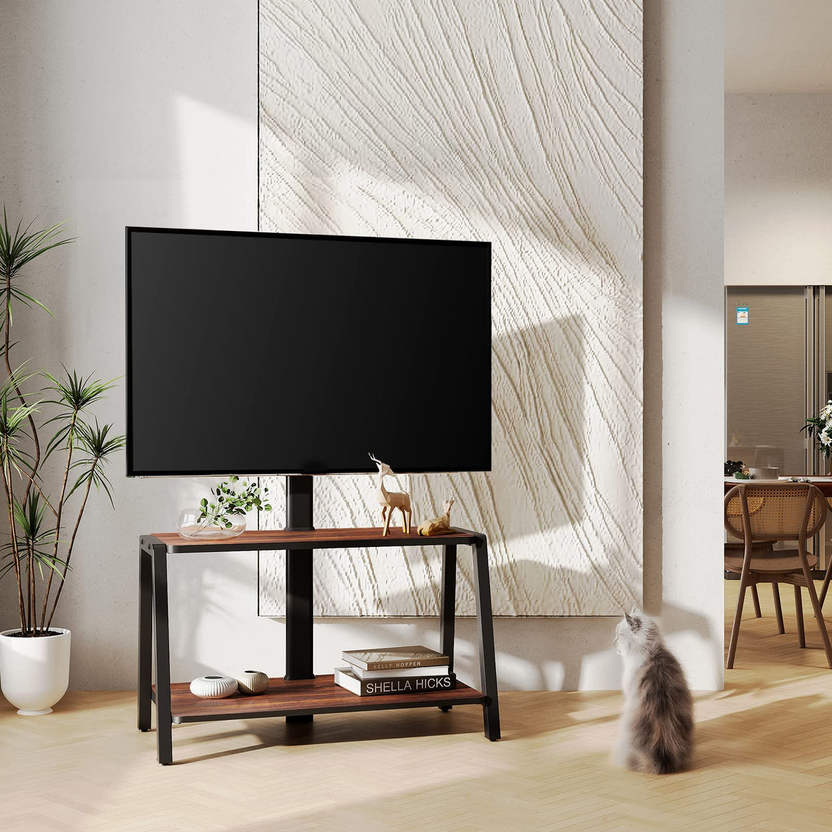 FITUEYES Wood TV Stand with Mount for 32-55 inch TVs, 2 Tier Entertainment Center with Storage for Bedroom & Corner, Tall Wooden TV Mount Stands & Metal Mount - Max Load 77lbs for Flat Screen FITUEYES