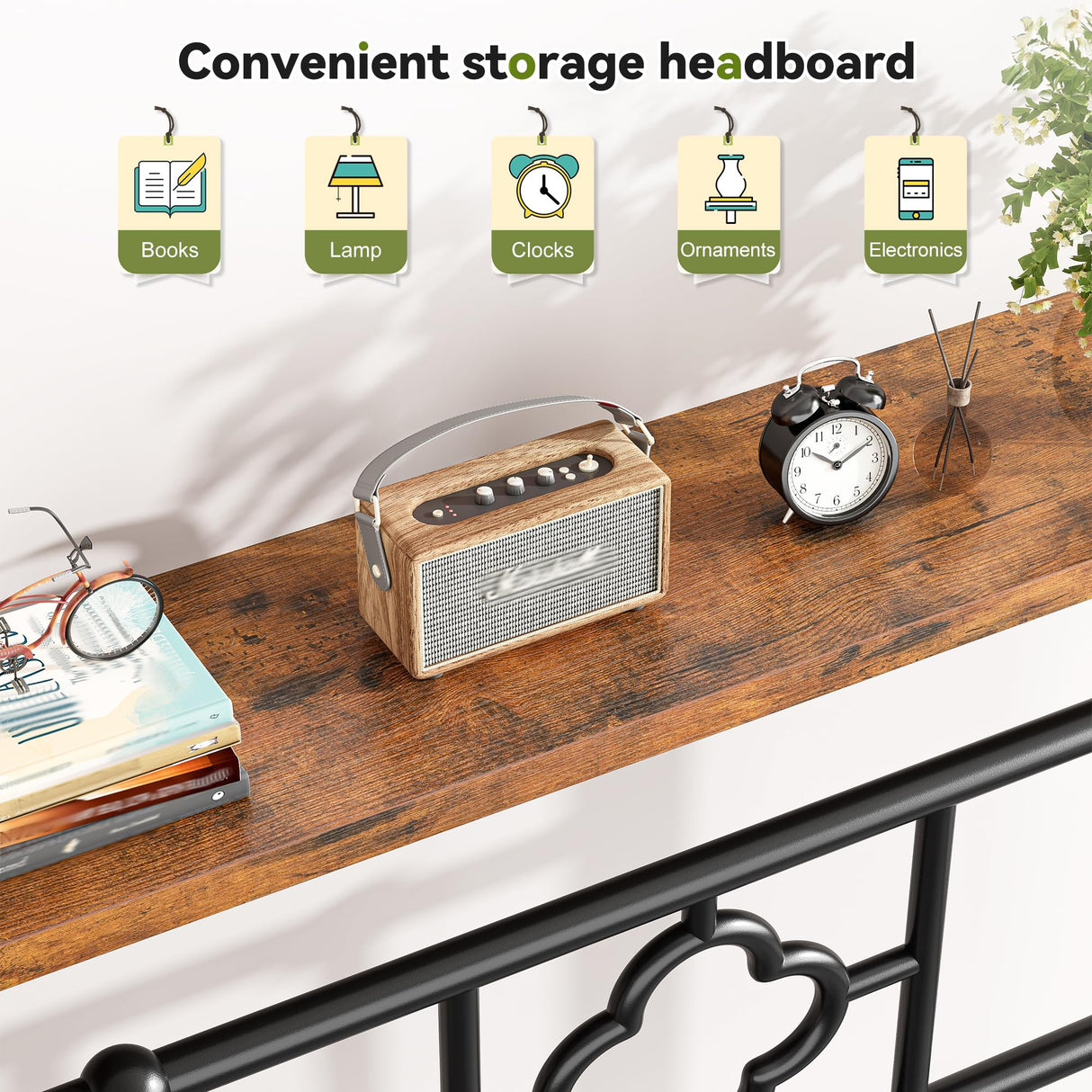 Homkdom Canopy Bed Frame with Storage Headboard, Queen Size Bed Frame with 4 Removable Posts, Sturdy Metal Platform with Under-Bed Storage, Dual Purpose Bed Frame, No Box Spring Needed, Black Homkdom