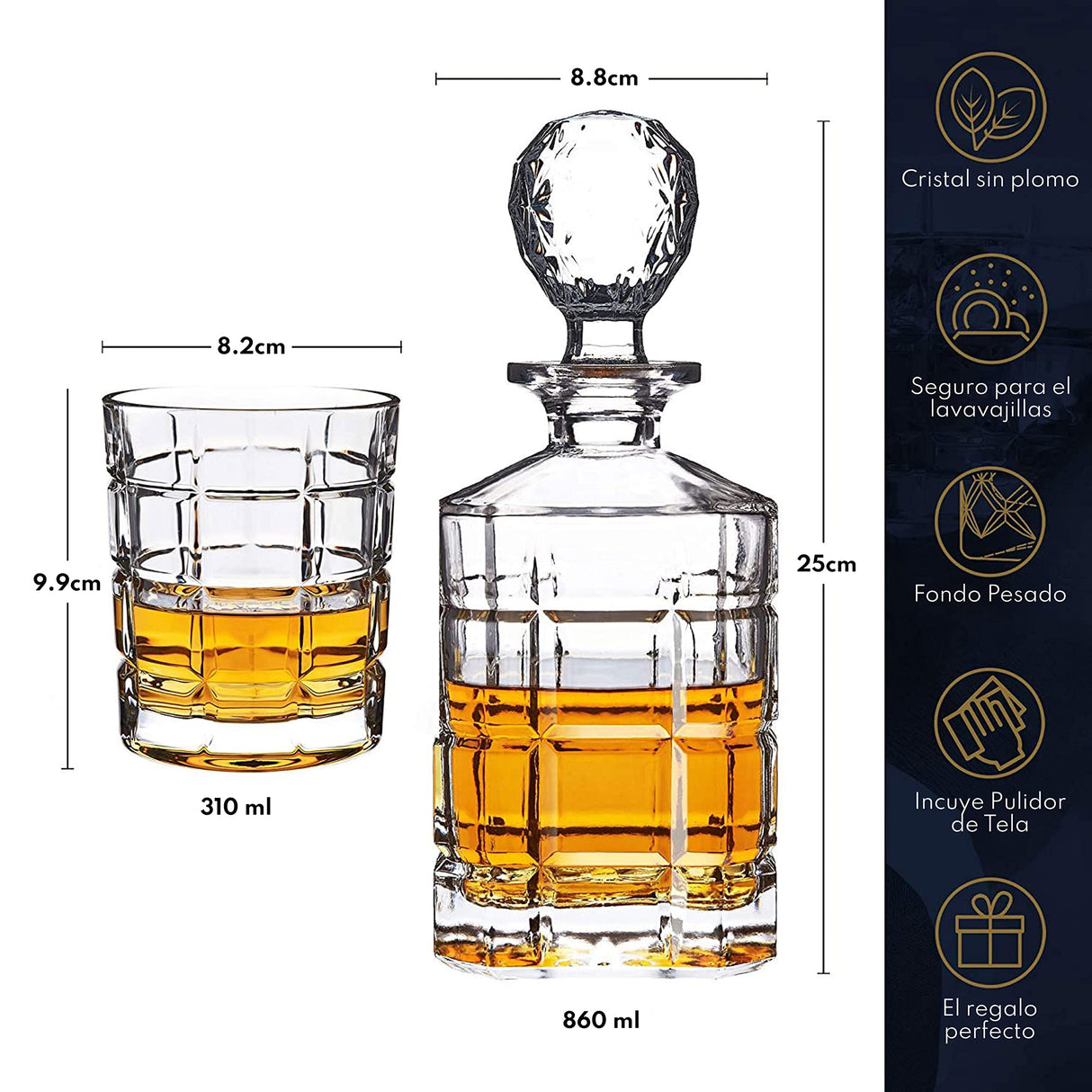 REGAL TRUNK & CO. Whiskey Decanter Set with Glasses, 4 Square Engraved Tumblers Whisky Decanter & Glass Set, Crystal Decanter Set Bourbon and Scotch, Gift Box and with Liquor Glass Polishing Cloth REGAL TRUNK & CO.
