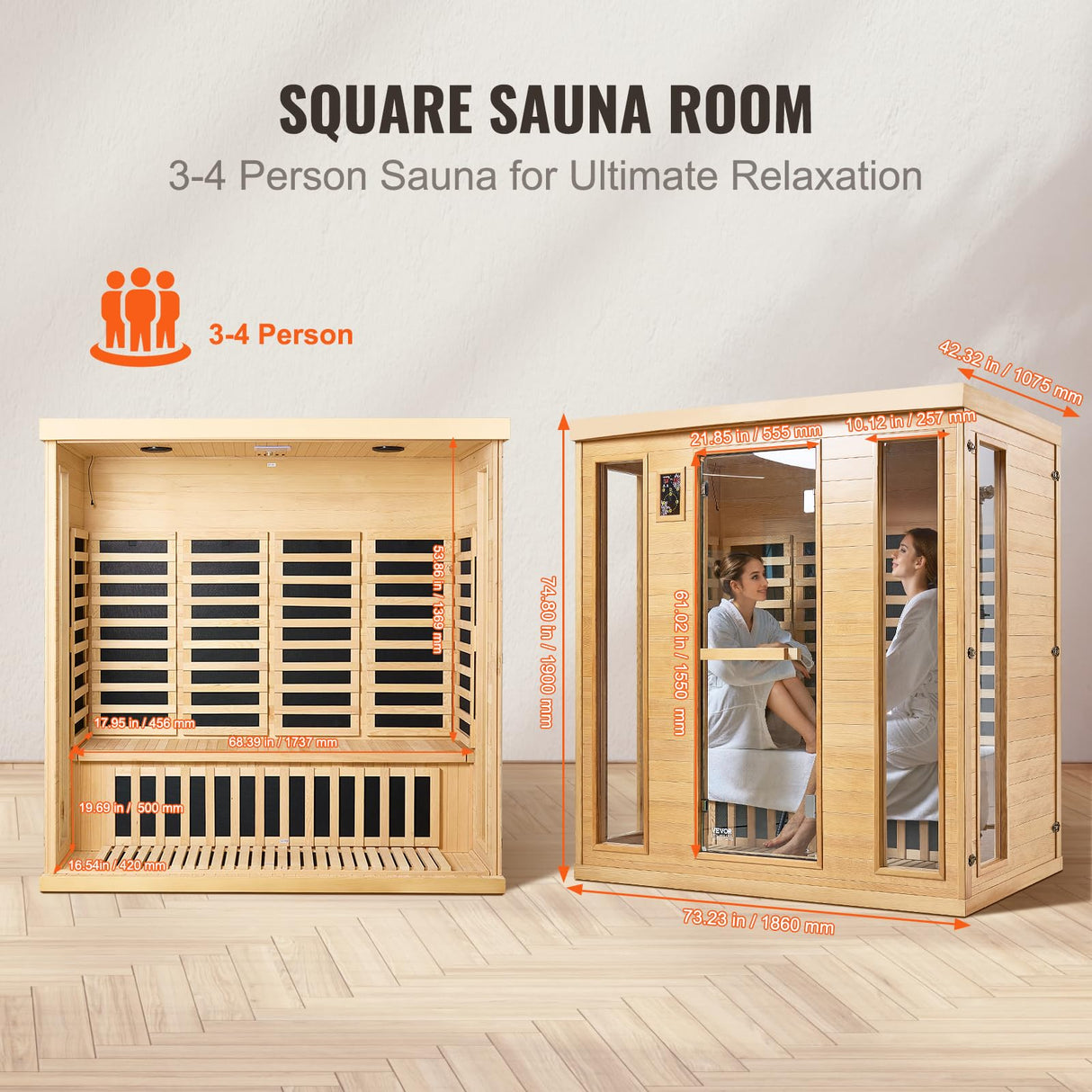 VEVOR 3 to 4 Person Far Infrared Wooden Sauna, Room Home Sauna Spa, Low EMF Far Infrared Hemlock Wood Sauna with Tempered Glass Door & Bluetooth Speakers & Chromotherapy Lights, 2580W Indoor VEVOR