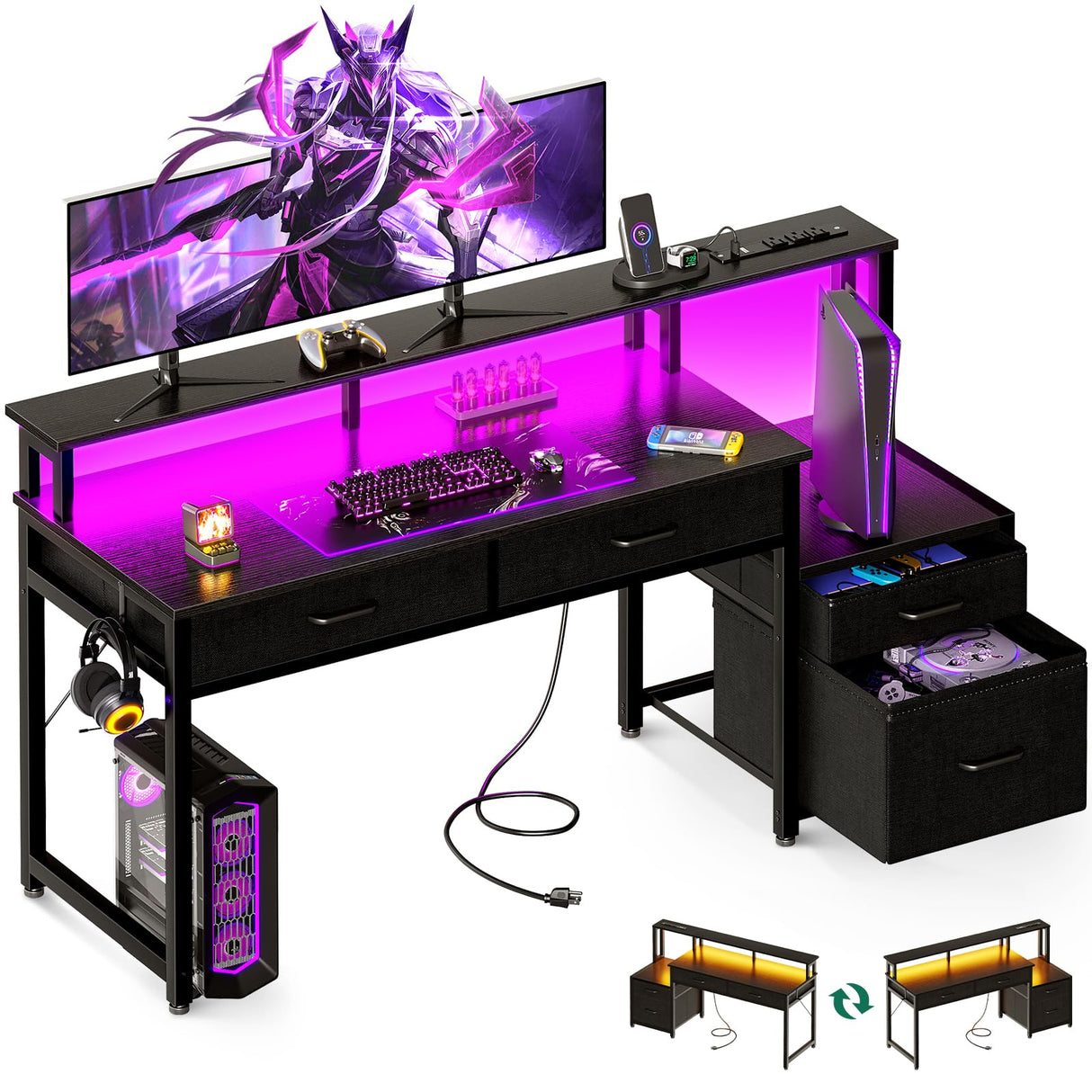 AODK 55-Inch Computer Desk with Power Outlets and LED Lights, Gaming Desk with 4 Fabric Drawers, Reversible Office Desk with Monitor Riser, Writing/Study Table for Home, Black AODK