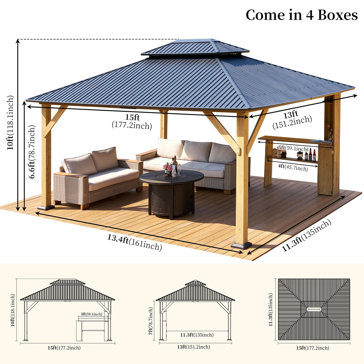 LUXOAK 13' x 15' Hardtop Gazebo,Aluminum Frame Outdoor Gazebo with Iron Roof Double Roof, Wood Gazebo for Patio, Backyard, Lawns, Parties, Black LUXOAK