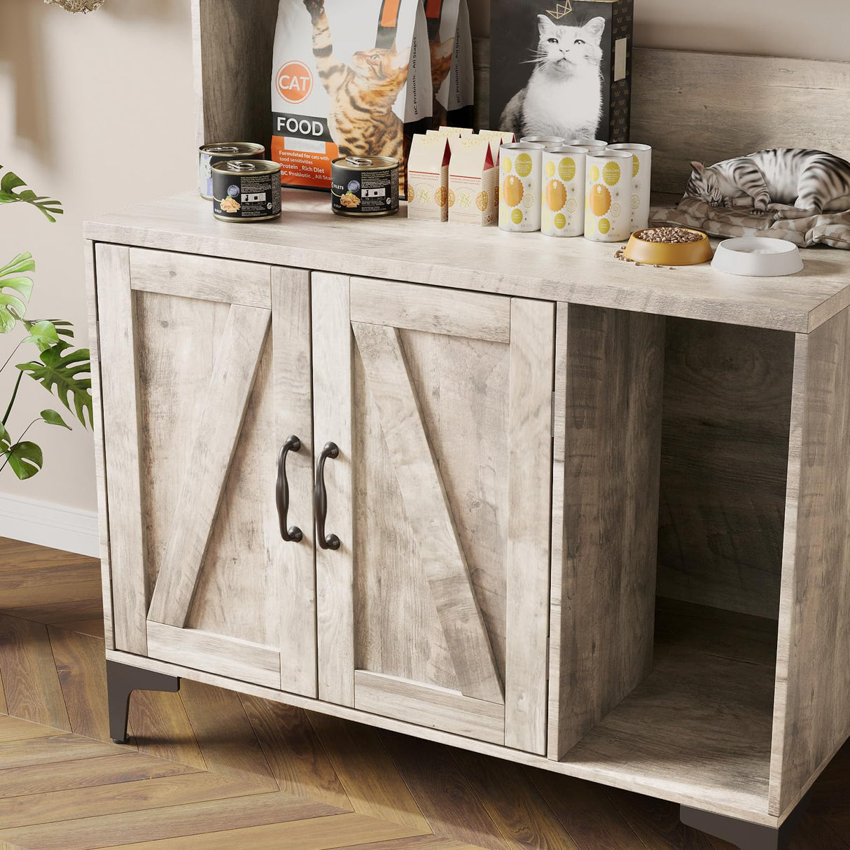 Cat Litter Box Enclosure Furniture with 4 Tier Storage Shelves, Hidden Litter Cabinet with Scratch Pad, Socket, Wooden Enclosed Cat Washroom House for End Table, Entryway Bench, Livingroom, Hallway Doppeltcharms