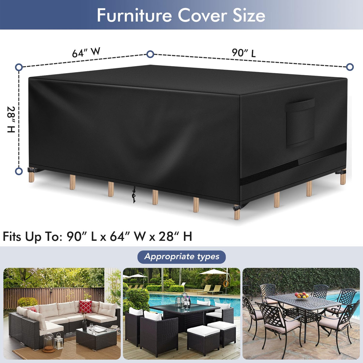 Richwon Patio Furniture Covers, Outdoor Table Covers Waterproof Rectangle, Heavy Duty Outdoor Furniture Covers for Patio Furniture, Outdoor Sectional Set Cover 90"L x 64"W x 28"H, Black Richwon