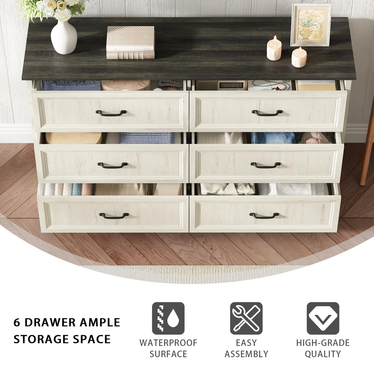 Farmhouse 6 Drawer Dresser for Bedroom, 55 Inch Wide Modern White Dresser TV Stand with Large Drawers & Bar Handles, Rustic Wood Chest of Drawers for Bedroom, Living Room, Hallway, Entryway. CARPETNAL