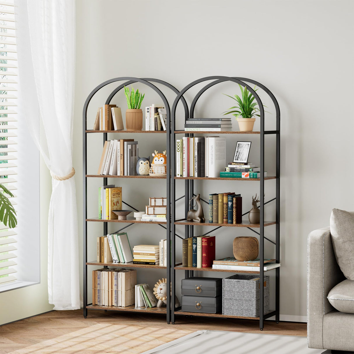 Homhedy 5-Tier Bookshelf Arched Display Racks, Wood and Metal Bookcase, Tall Bookshelf, Industrial Display Standing Shelf Unit, for Home Office, Living Room, Bedroom, Bathroom, Rustic Brown Homhedy