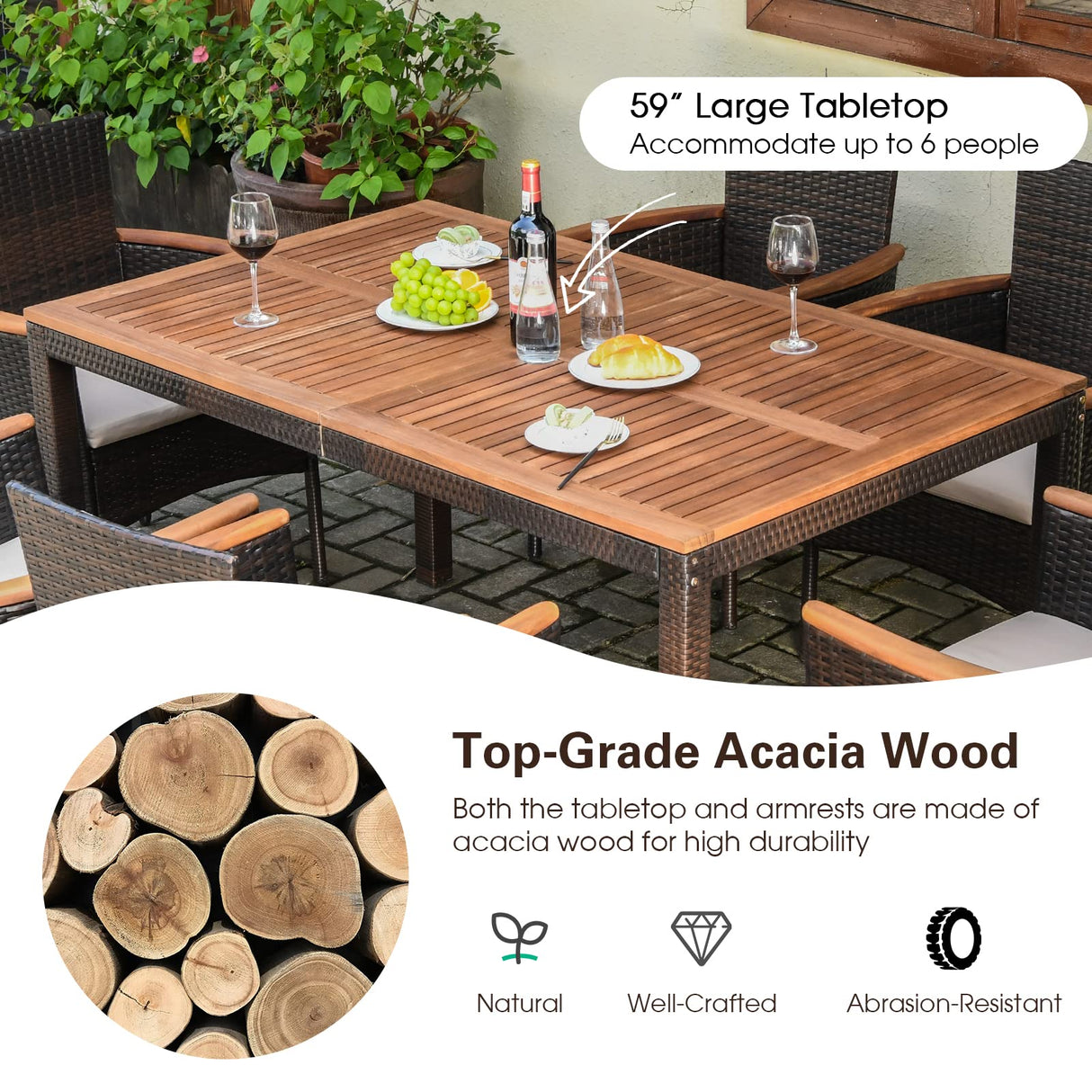 Toolsempire 7 Pieces Patio Dining Set Outdoor Dining Set with Umbrella Hole, Wicker Patio Furniture Set with Acacia Wood Table and Chairs, Garden Dining Table Set for Backyard, Desk, Poolside (Brown) Toolsempire