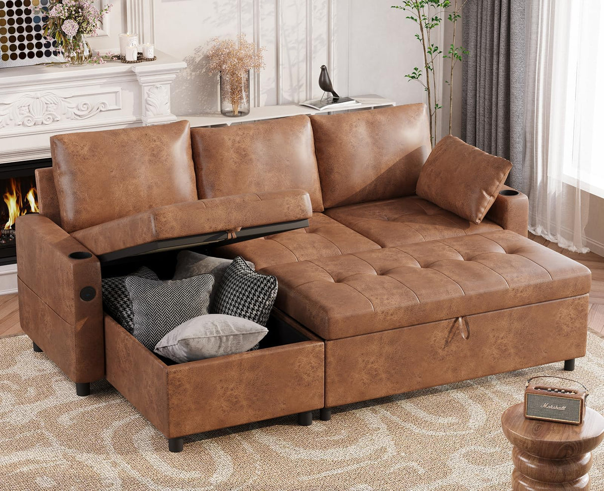 JFHID Leather Sleeper Sofa Couch with Pullout Bed, 83.5'' Sofa Bed Pull Out Couch with Reversible Storage Chaise, Sectional Couches with USB Charging Ports&Cup Holders for Living Room, Brown JFHID