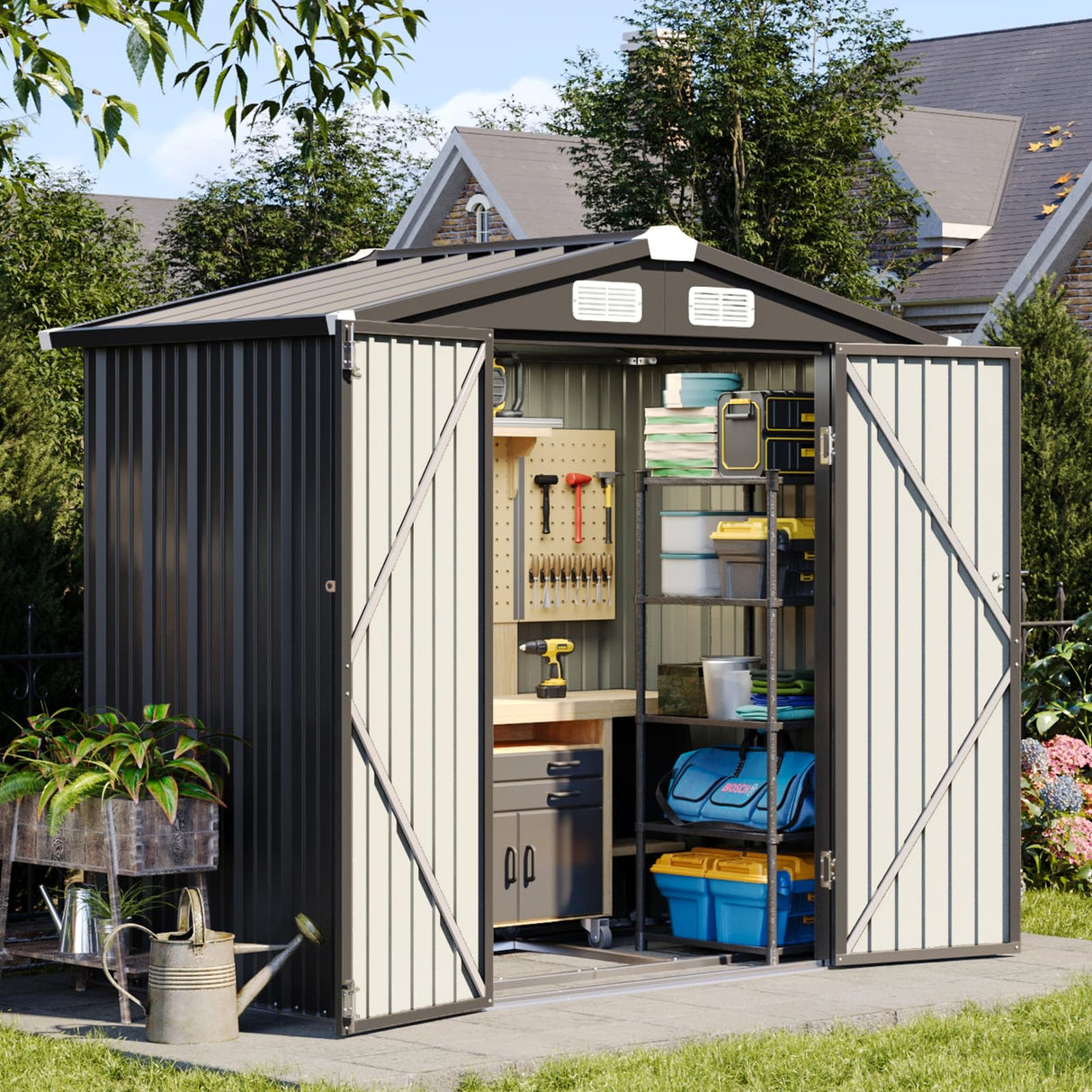 Aoxun 6x3.9 FT Shed with Base Metal Outdoor Storage Shed Garden Shed with Lockable Doors Tool Shed Bike Shed for Backyard, Patio, Poolside (Black) Aoxun