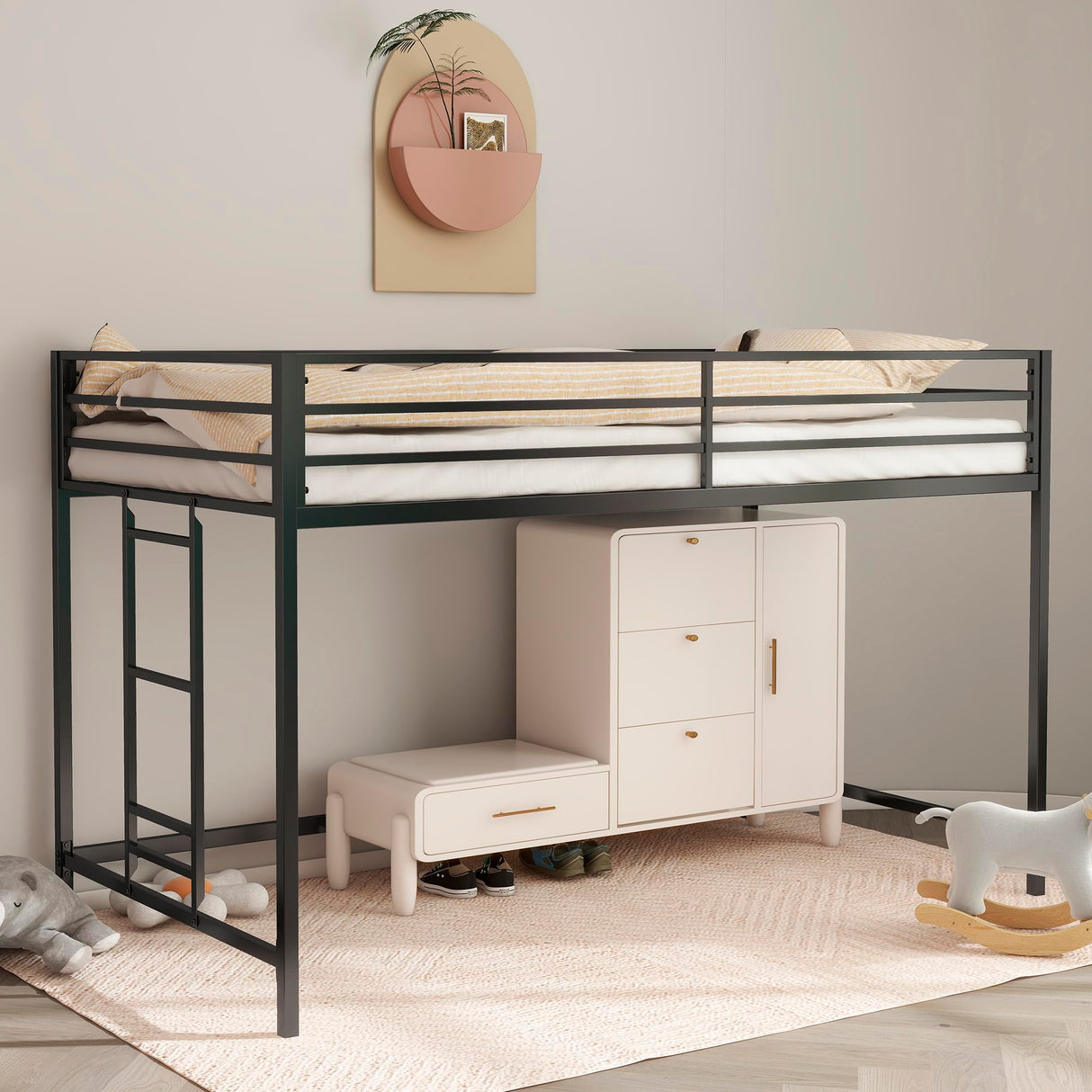 Twin Size Low Loft Bed for Kids,Metal Loft Bed Frame for Boys Girls,Kids Loft Bed Twin Size,Junior Low Loft Bed, Black Bellemave