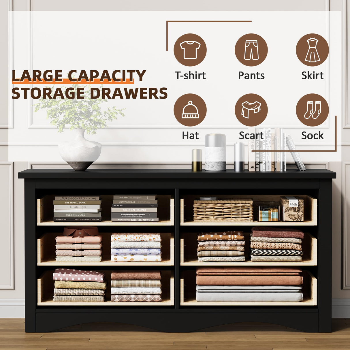 Flamaker Dresser for Bedroom, 6 Drawer Dresser, Wood Dressers, Wide Chest of Drawer, Storage Drawers, Storage Organizer for Closet, Hallway (Black) Flamaker