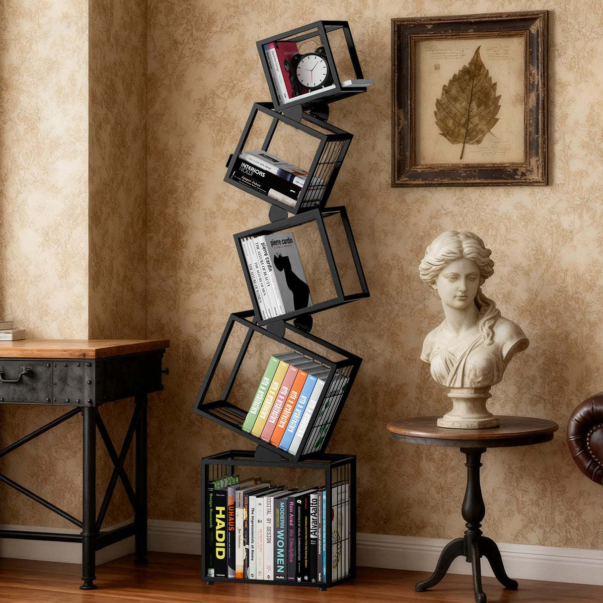 sugitek 5-Tier Skinny Bookshelf with Unique Geometric Design - Modern Metal Bookcase, Space-Saving Narrow Organizer for Living Room, Bedroom, Office, Corner - Black sugitek