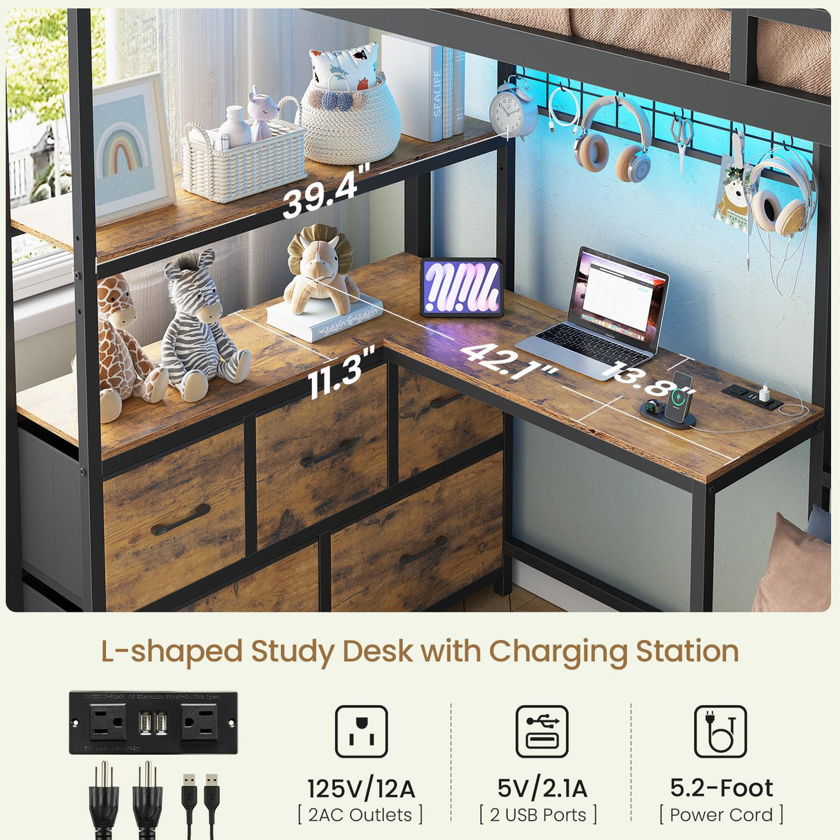 DICTAC Bunk Bed with L-Shaped Desk,5 Storage Drawers and 2 Shelves Metal Twin XL Over Twin Bunk Bed with LED Lights and Charging Station,bunk Beds with Safety Guardrail & Ladder,Space-Saving,Black DICTAC