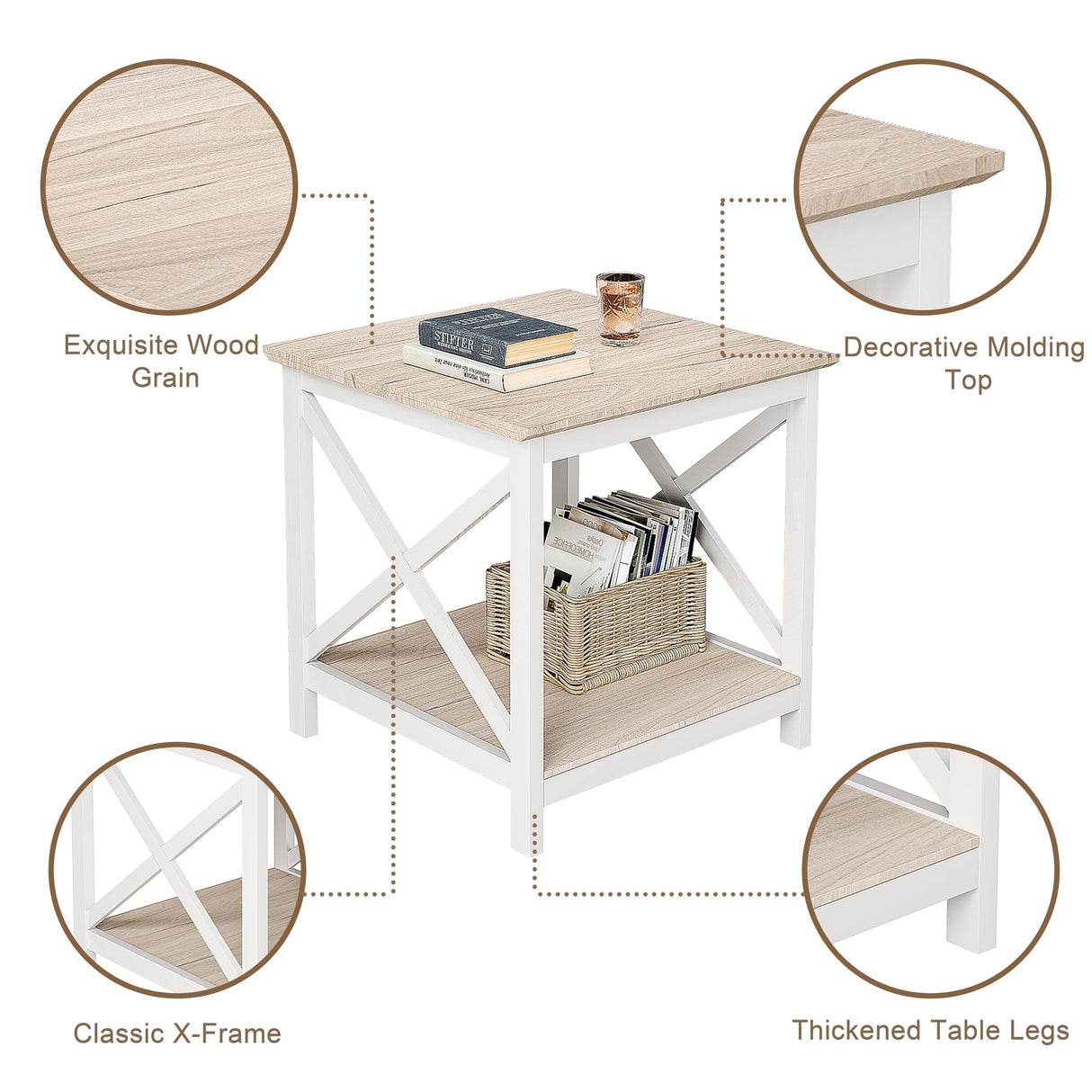 ChooChoo End Table, 24 Inch End Table with 2-Tier Storage Shelf, Side Table for Living Room, Wood Nightstand for Bedroom, Office, Oak ChooChoo