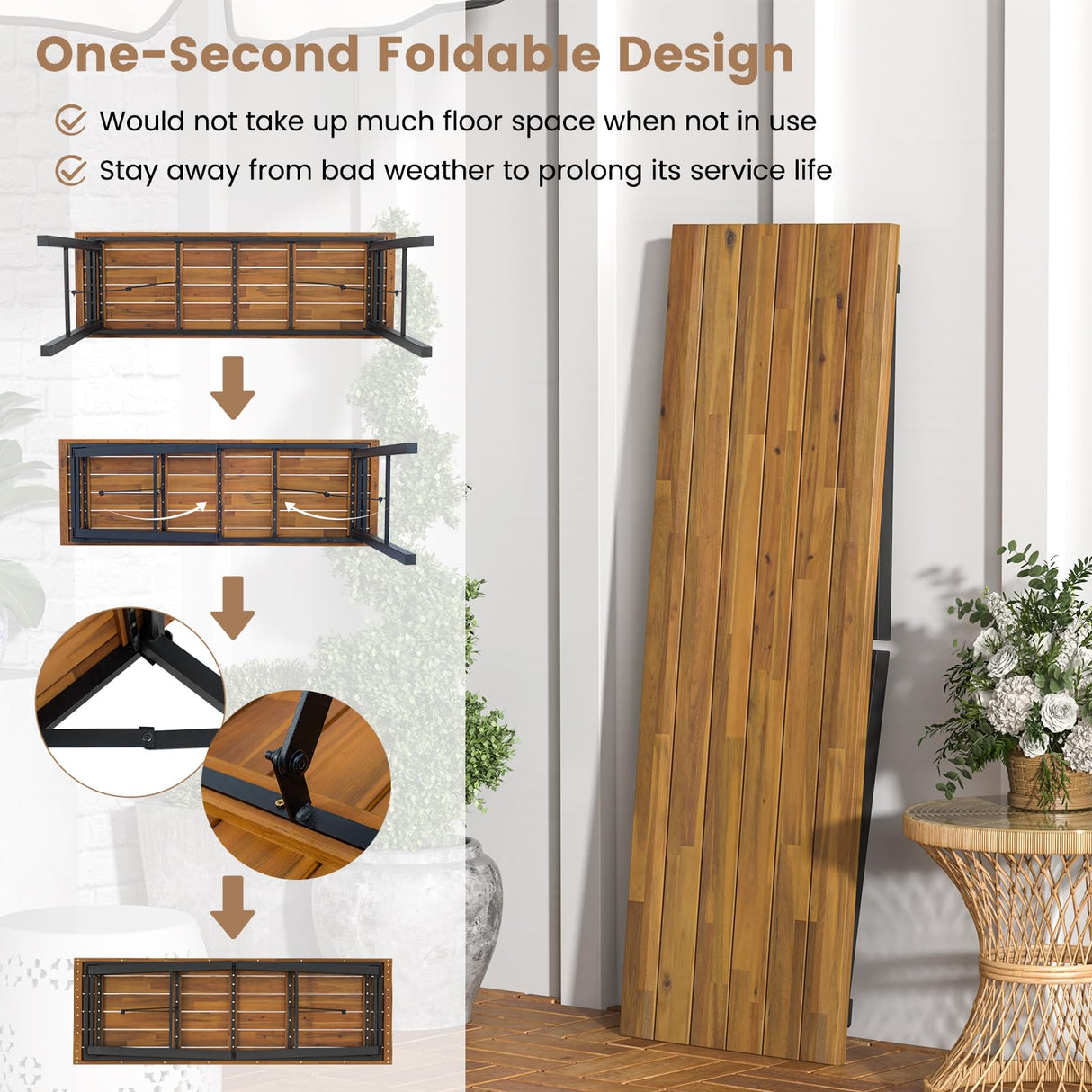 HAPPYGRILL Folding Picnic Table Acacia Wood Dining Table with Metal Frame, Portable Camping BQQ Table, Rectangular Dining Table for Indoor Outdoor Activities Garden Yard Patio HAPPYGRILL