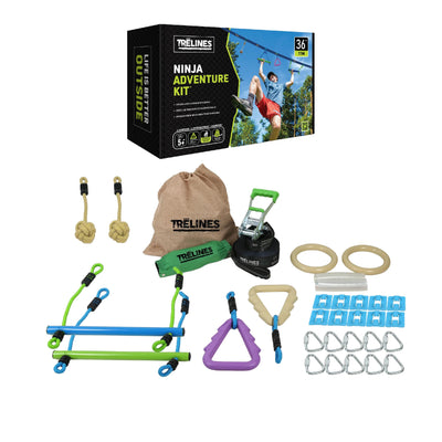Trelines Ninja Warrior Obstacle Course for Kids, Most Attractive Lines and Gear for Backyard - 8 Ninja Obstacles - Monkey Bars, Gym Rings, Tree Rings, Fists. Great for Girls & Boys 5+ Get Outside