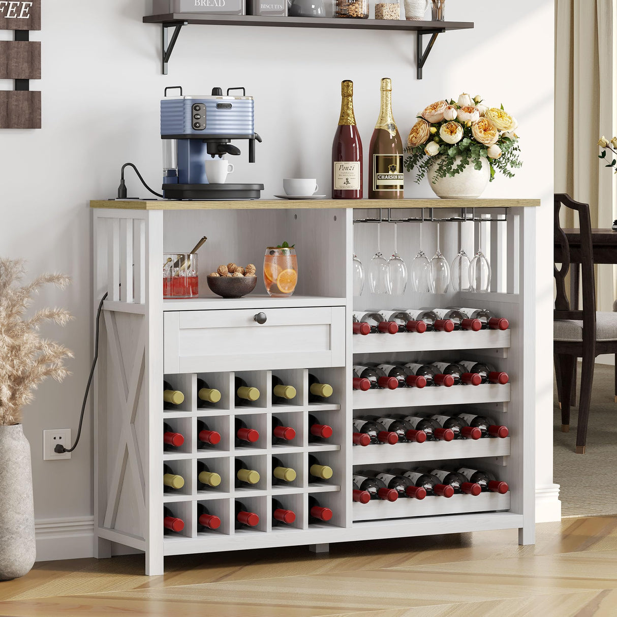 DWVO 47" LED-Illuminated Wine Bar Cabinet with Power Outlets - Modern Storage & Drawer in Washed White DWVO