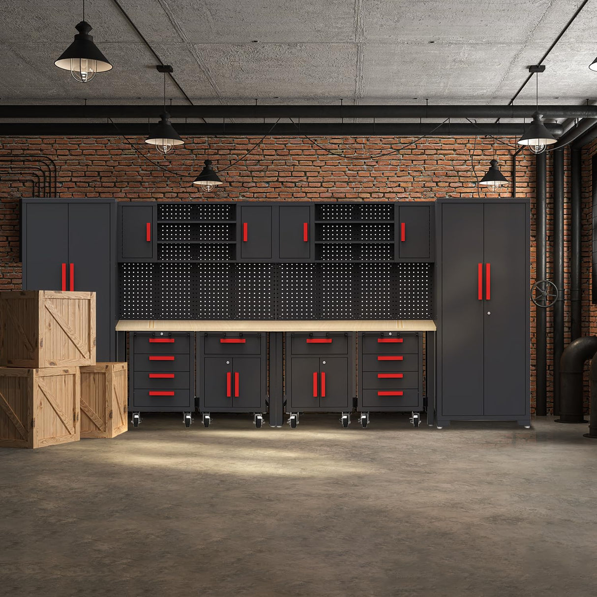 HPDMC Garage Storage Cabinet System - 2 * 6-Pcs Workshop Set with Steel Cabinet Drawers, Rolling Chest, Workbench, Pegboard for Tool Organization HPDMC