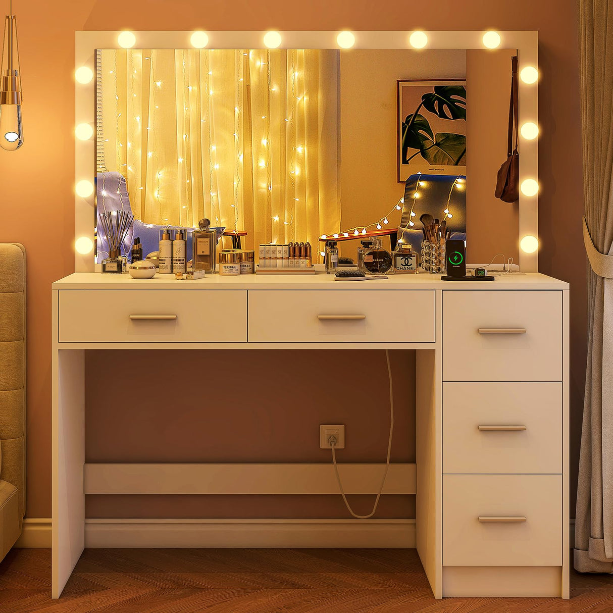 FIONESO 47.2" Large Vanity Desk with Mirror & 14 LED Lights, Makeup Vanity Table with 5 Drawers & Charging Station, Makeup Vanity Desk, 3 Lighting Colors, Dressing Vanity Table for Bedroom, White FIONESO