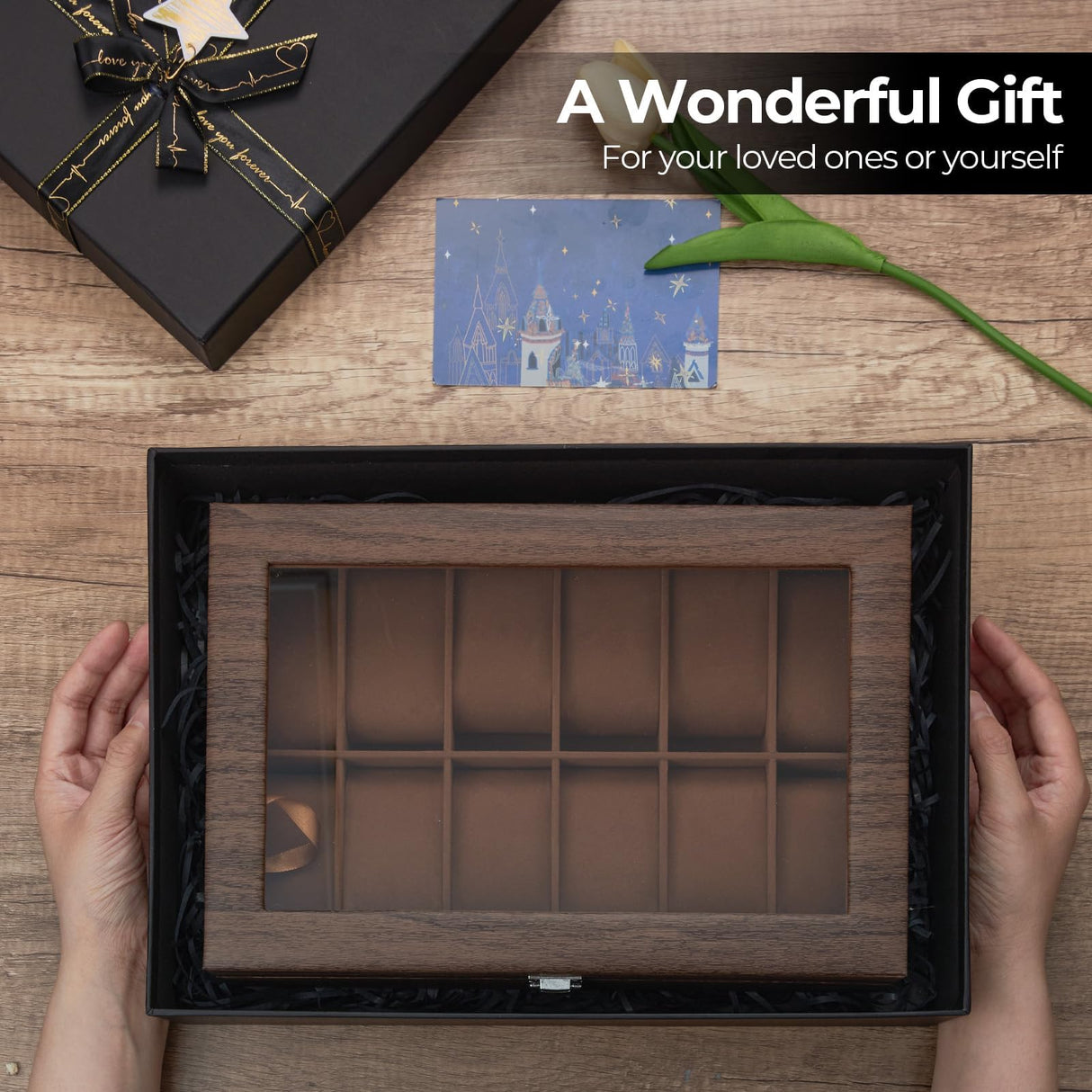 Ohuhu Watch Cases for Men, 12-Slot Watch Box Wood Grain PU Leather - Watch Case Holder Real Glass Lid Jewelry Storage Soft Velvet Watch Organizer Box for Men and Women Fathers Day Ohuhu