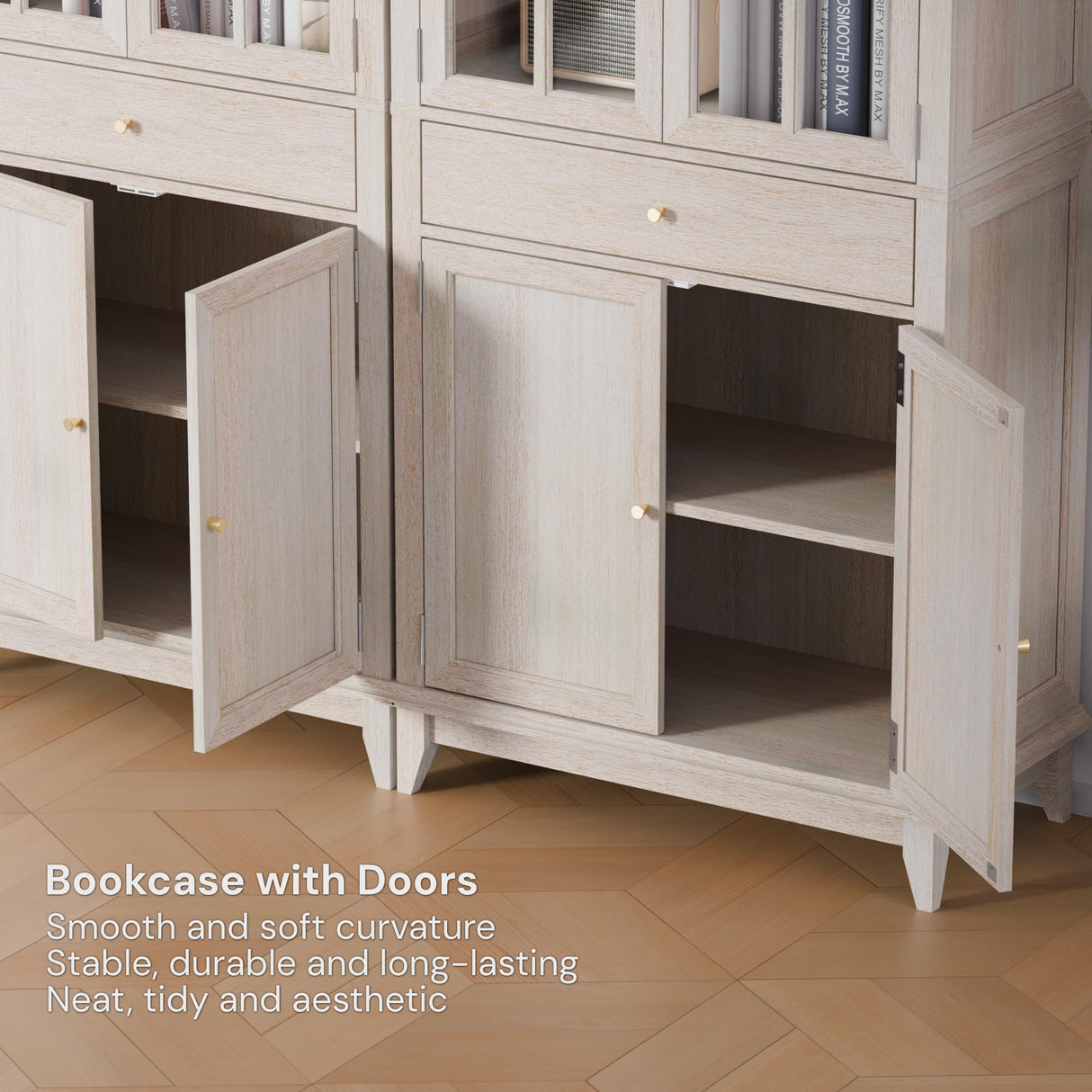 SunsGrove 73" White Oak Bookcase with Glass Doors & Drawer - Adjustable Shelf, Modern Classic Storage for Living Room, Home Office (4 Doors, Floor Standing) SunsGrove