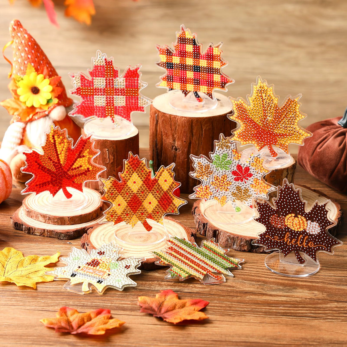 DoubleFill 9 Pcs Luminous Thanksgiving Diamond Painting Tabletop Decor Double Sided Fall Maple Leaf Diamond Art Kits for Adults Glow in The Dark Thanksgiving Centerpieces for Table Desktop DIY Crafts DoubleFill