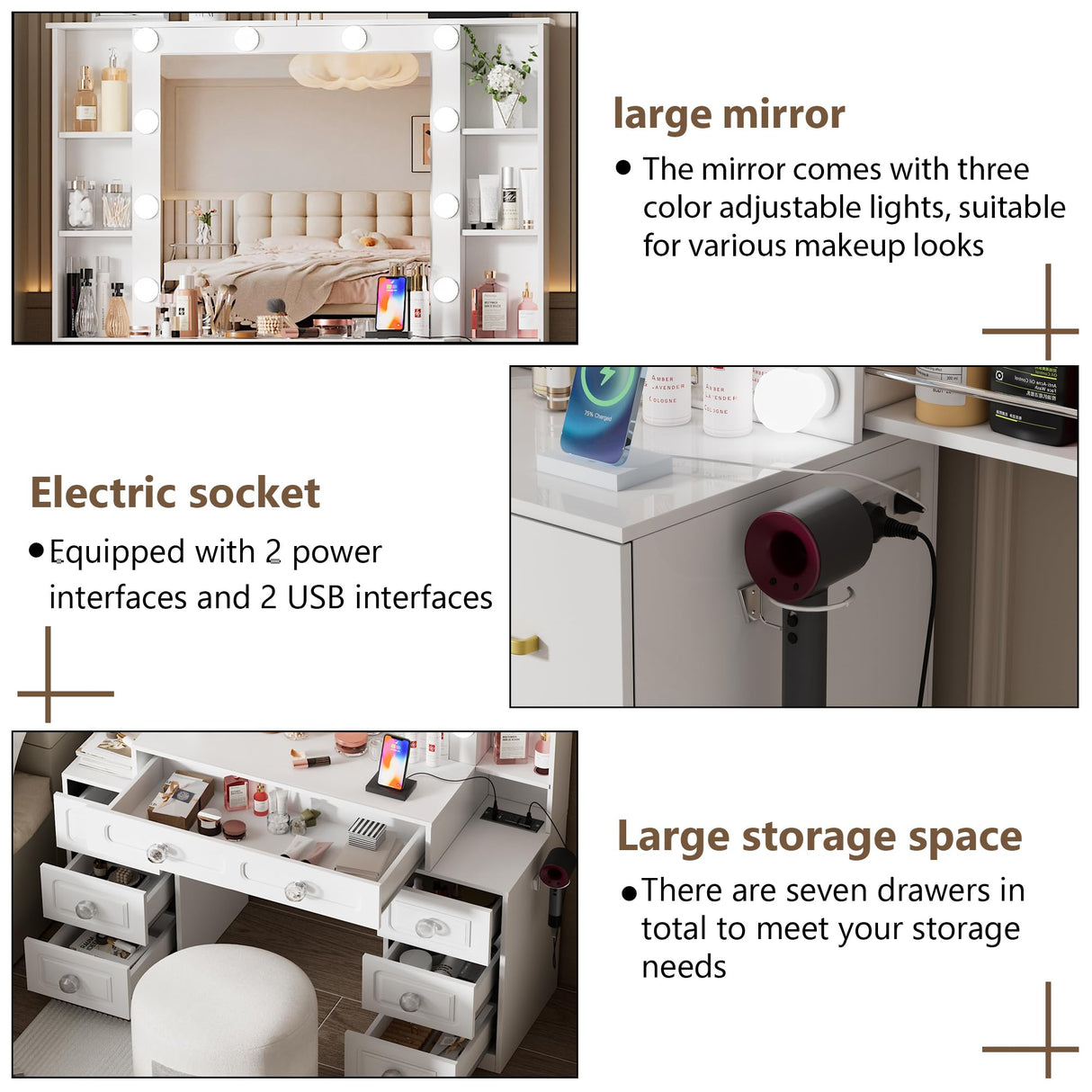 FURNJOYLIFE Farmhouse Makeup Vanity with Lighted Mirror & Charging Station, Vanity Desk Dresser Table with 3 Lighting Modes Brightness Adjustable,Drawers,Shelves,Hair Dryer Stand for Bedroom,White FURNJOYLIFE