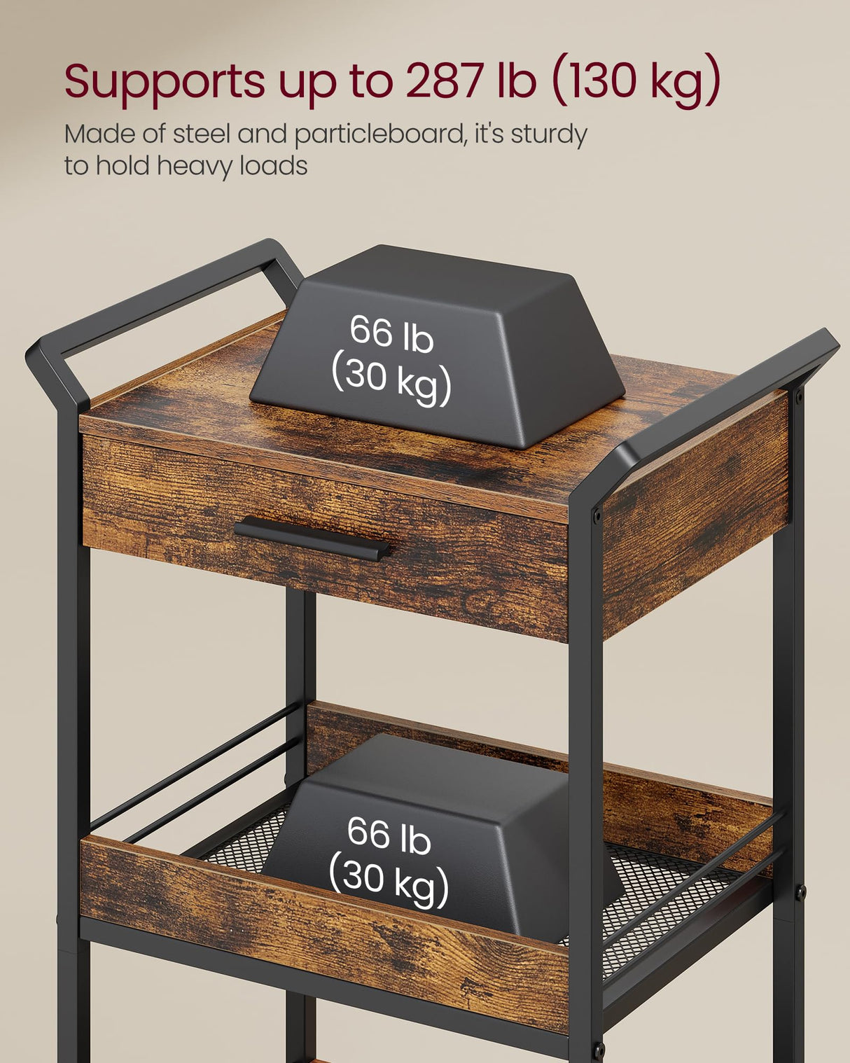 VASAGLE Storage Cart, 4-Tier Rolling Utility Cart with Table Top, Handles, 4 Lockable Casters, Top Drawer, Mesh Shelves, for Kitchen, Bathroom, Bedroom, Rustic Brown and Ink Black ULRC049K01 VASAGLE