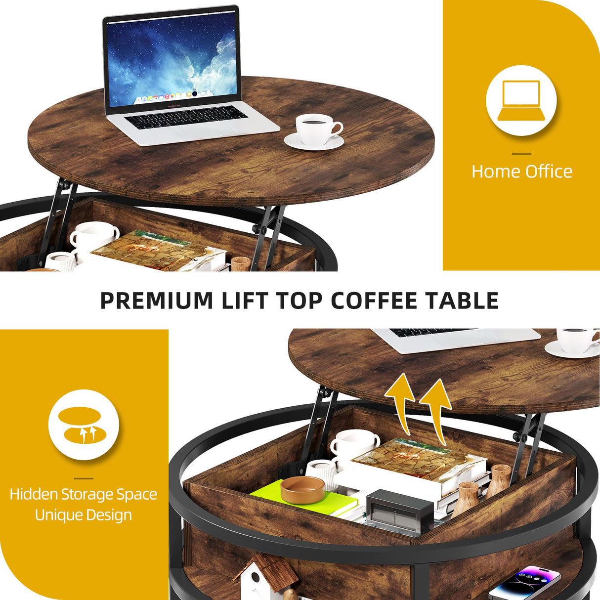 DWVO Round Lift Top Coffee Tables for Living Room, Circle Coffee Table with Storage & Hidden Compartment, Farmhouse Wood Coffee Tables with Lifting up Living Room for Home Office Samll Table, Brown DWVO