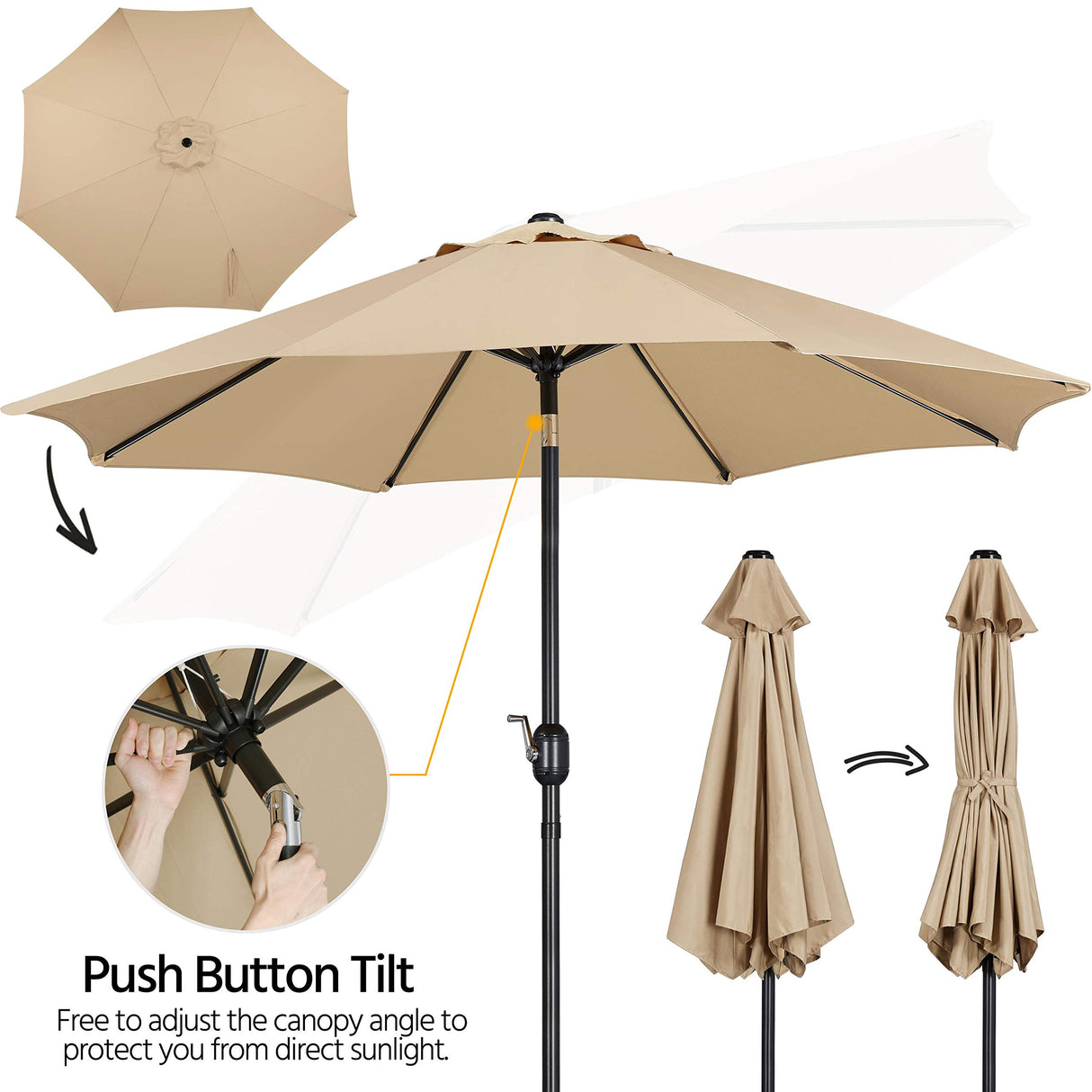 Yaheetech 9FT Garden Table Umbrella with 30lb Base, Patio Market Umbrella with Push Button Tilt, Crank and 8 Sturdy Ribs, Outdoor Umbrella w/Base Included Heavy Duty - Tan Yaheetech