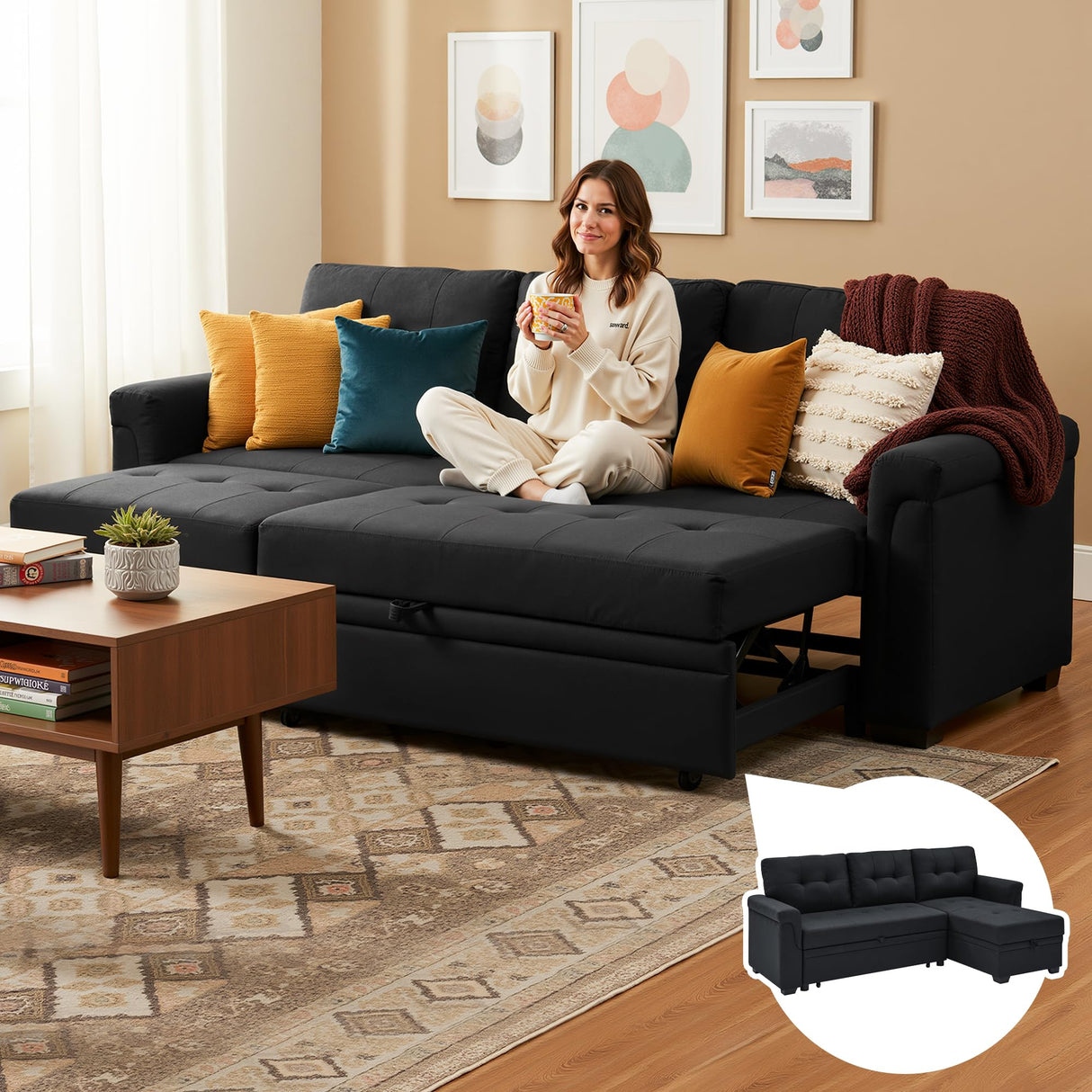 Lyngins L Shaped 3 Seat Sofa Bed with Storage, 86" Sleeper Sofa Couch with Pull Out Chaise Sectional Couch for Apartment, Bedroom, Living Room, Black Lyngins